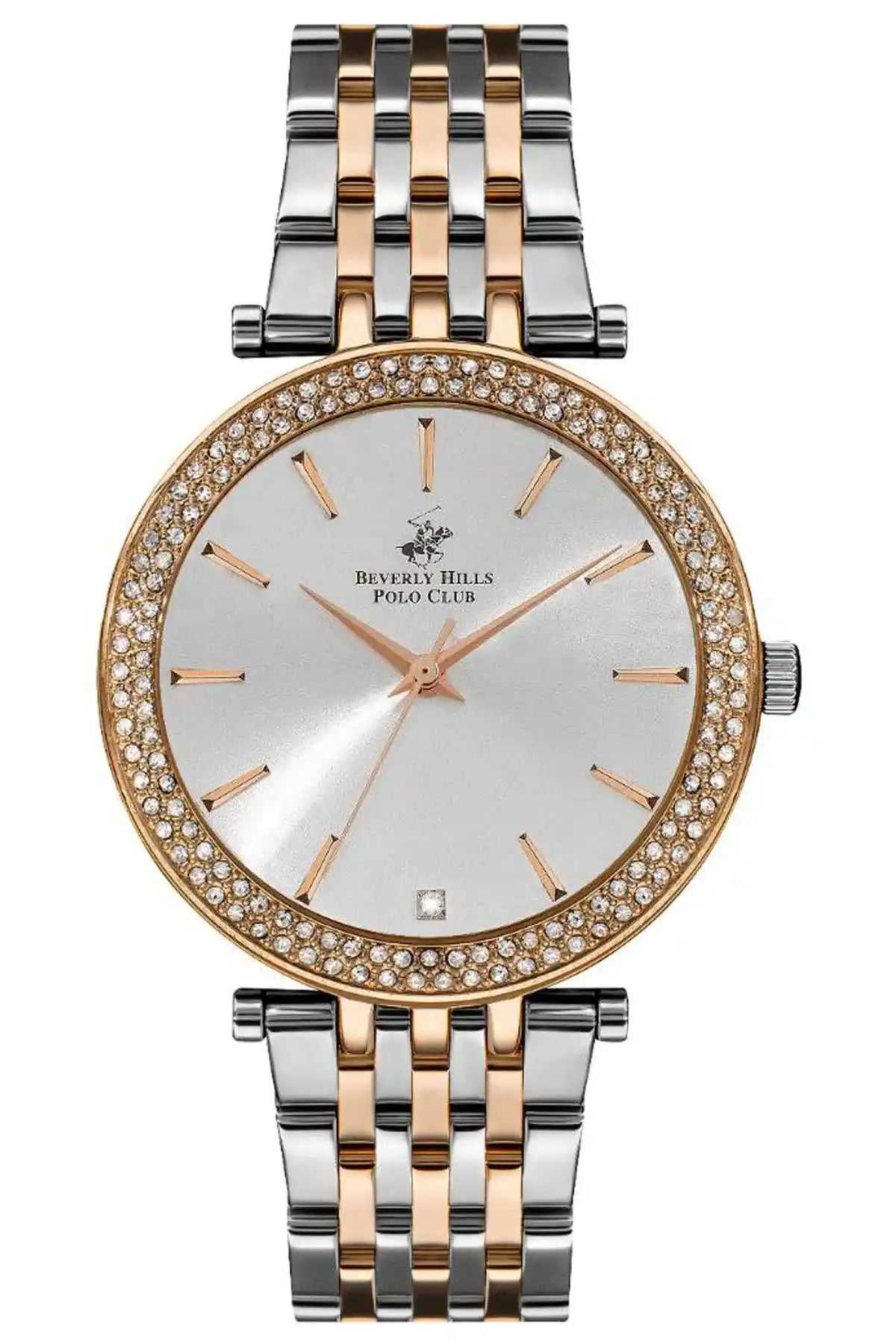 Two-tone steel and rose gold wristwatch with rhinestone bezel and metal link band