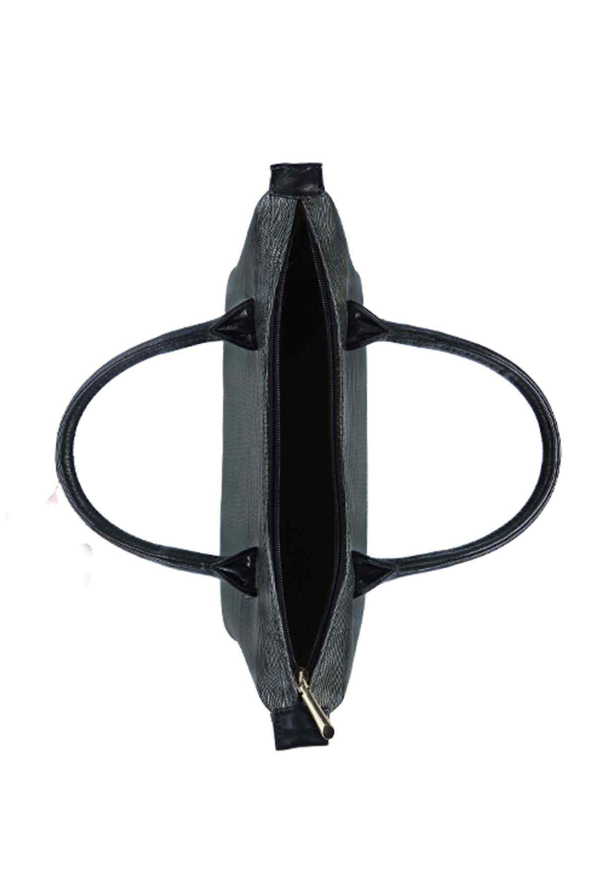 Forest black tote bag open view with black lining and curved top handles
