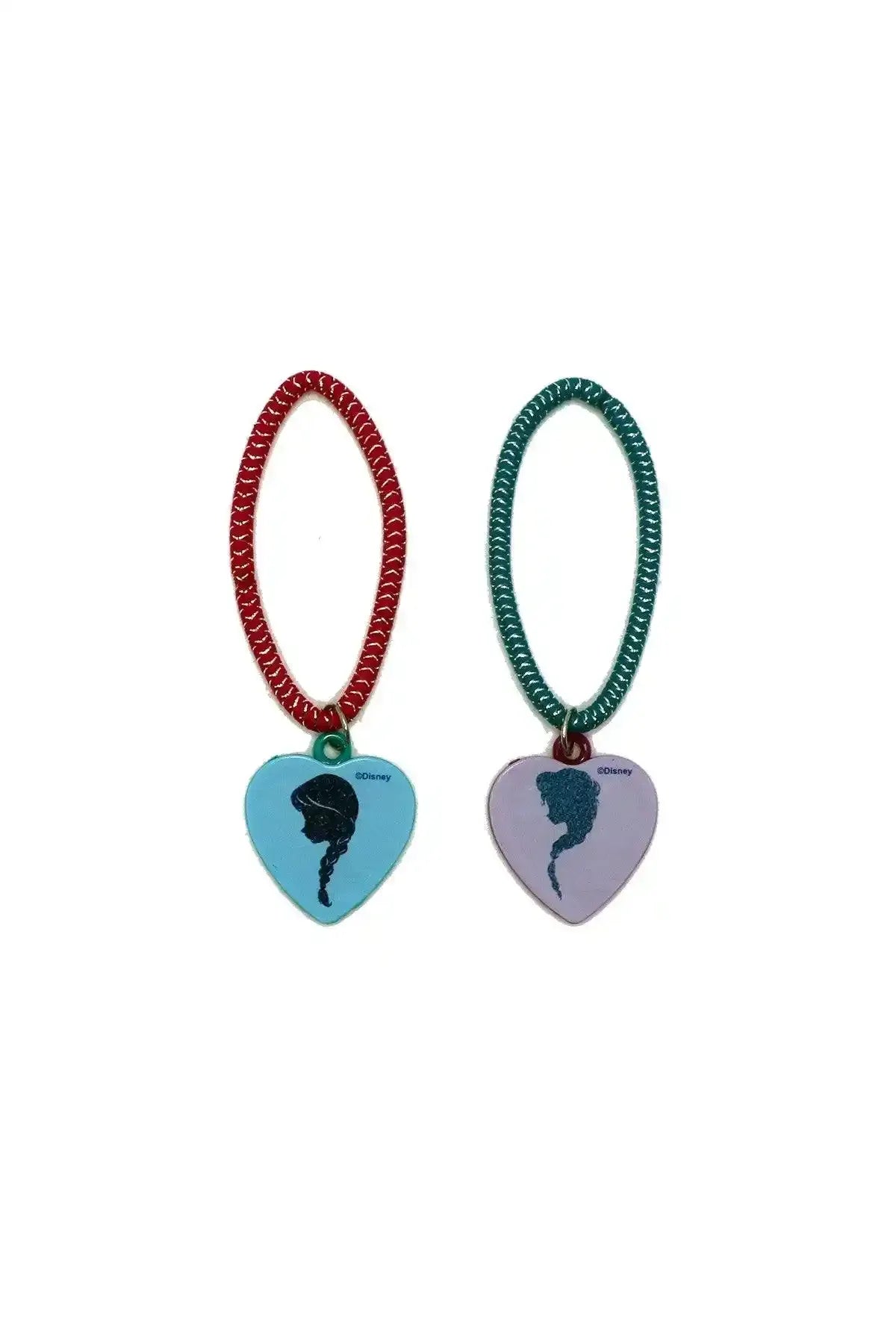Pair of Disney Frozen heart hair elastics, red and teal bands with charm hearts