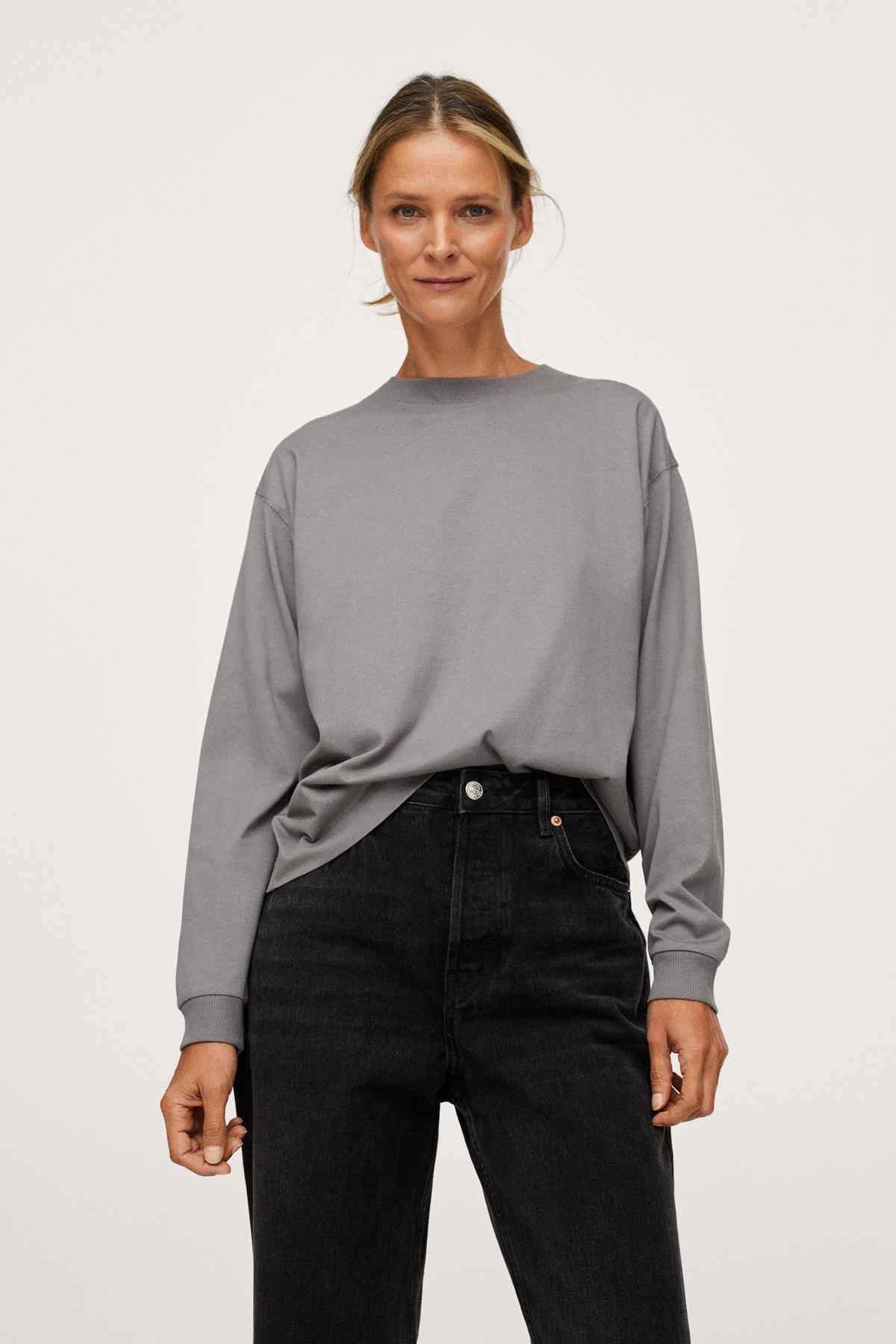 Grey long-sleeve crewneck top with ribbed cuffs