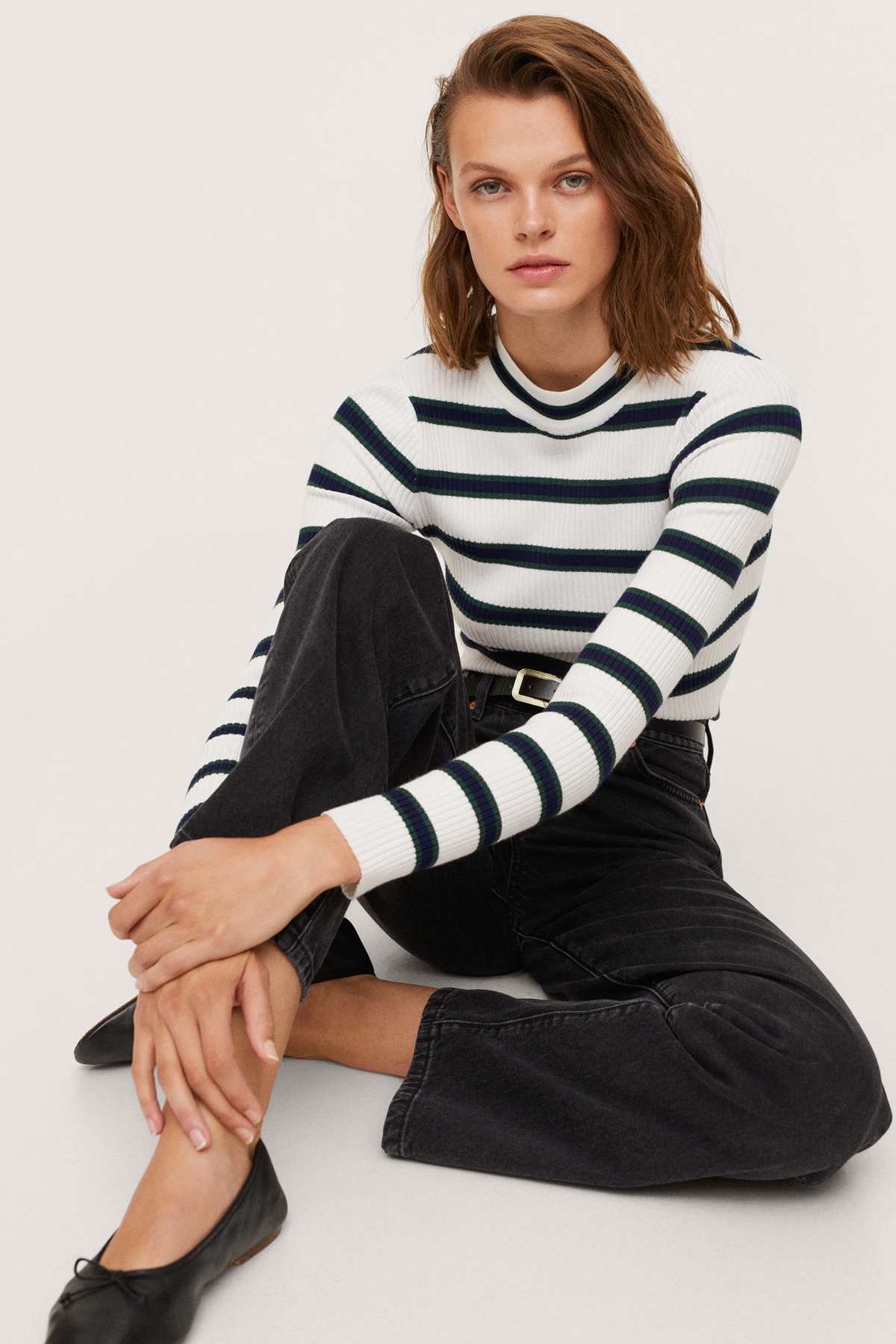 Women's striped knit sweater, crew neck and sleeve, white with navy and green stripes