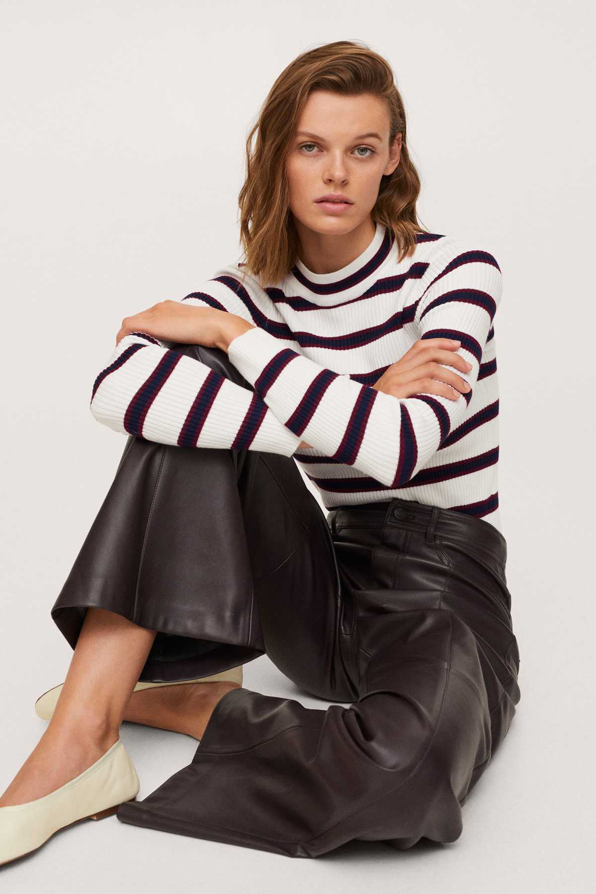 Striped knit sweater, cream with navy and maroon stripes, crew neck, long sleeves