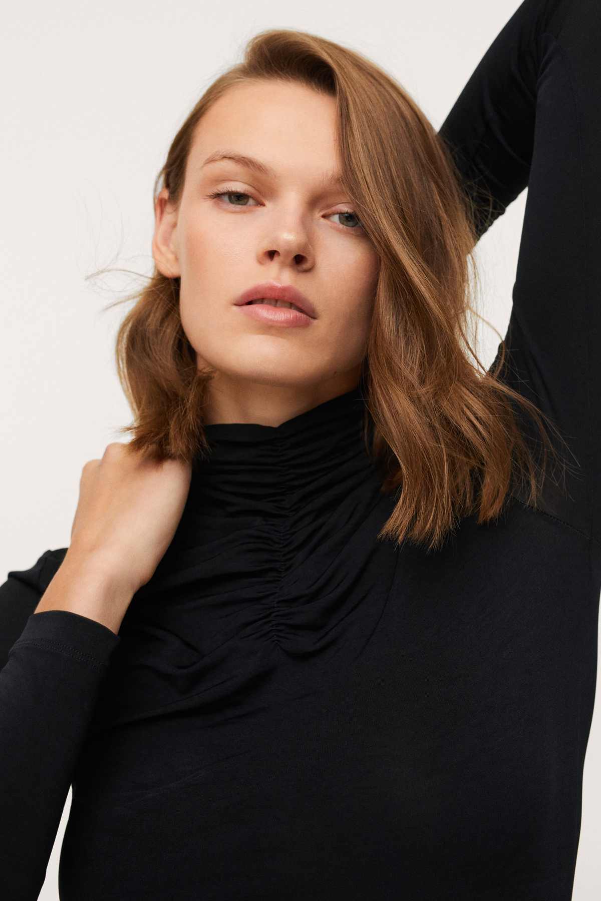 MANGO black mock-neck ruched collar long-sleeve top
