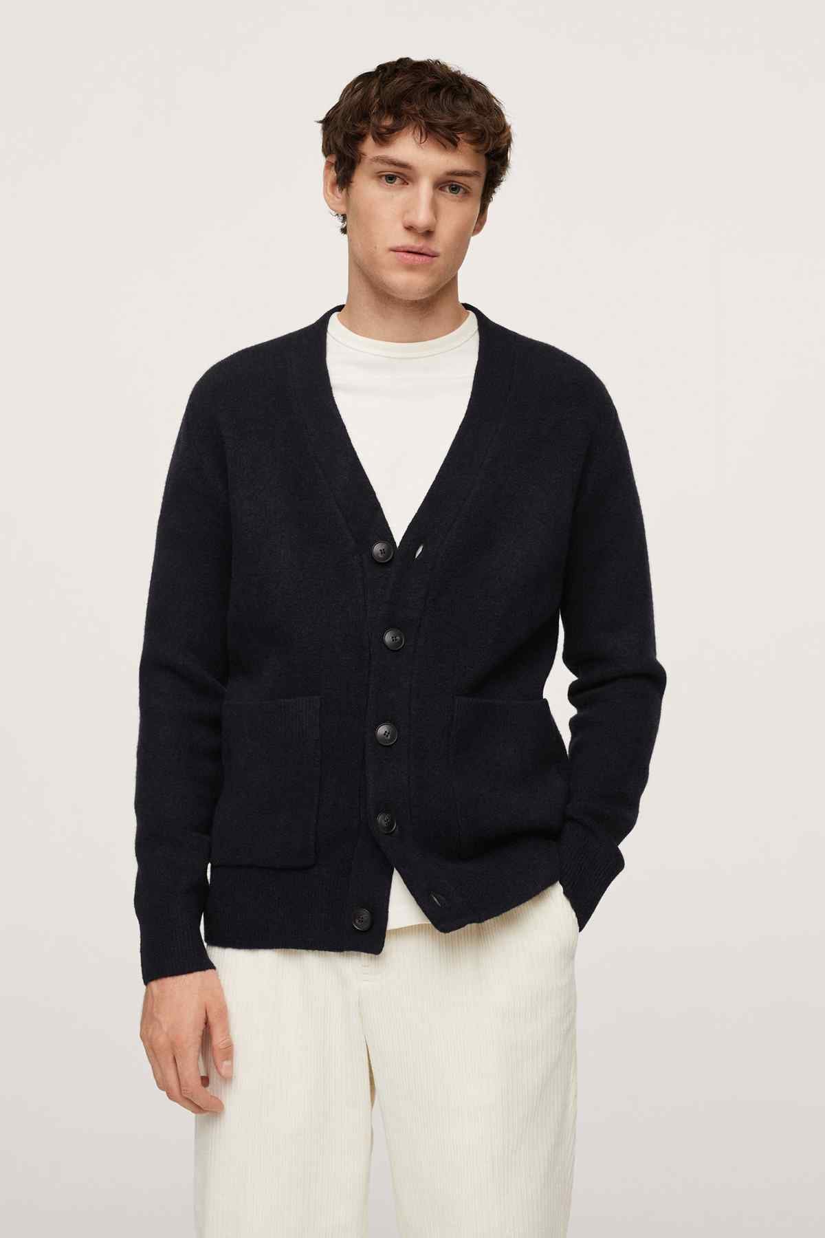 Men's navy knit V-neck cardigan with button front and pockets