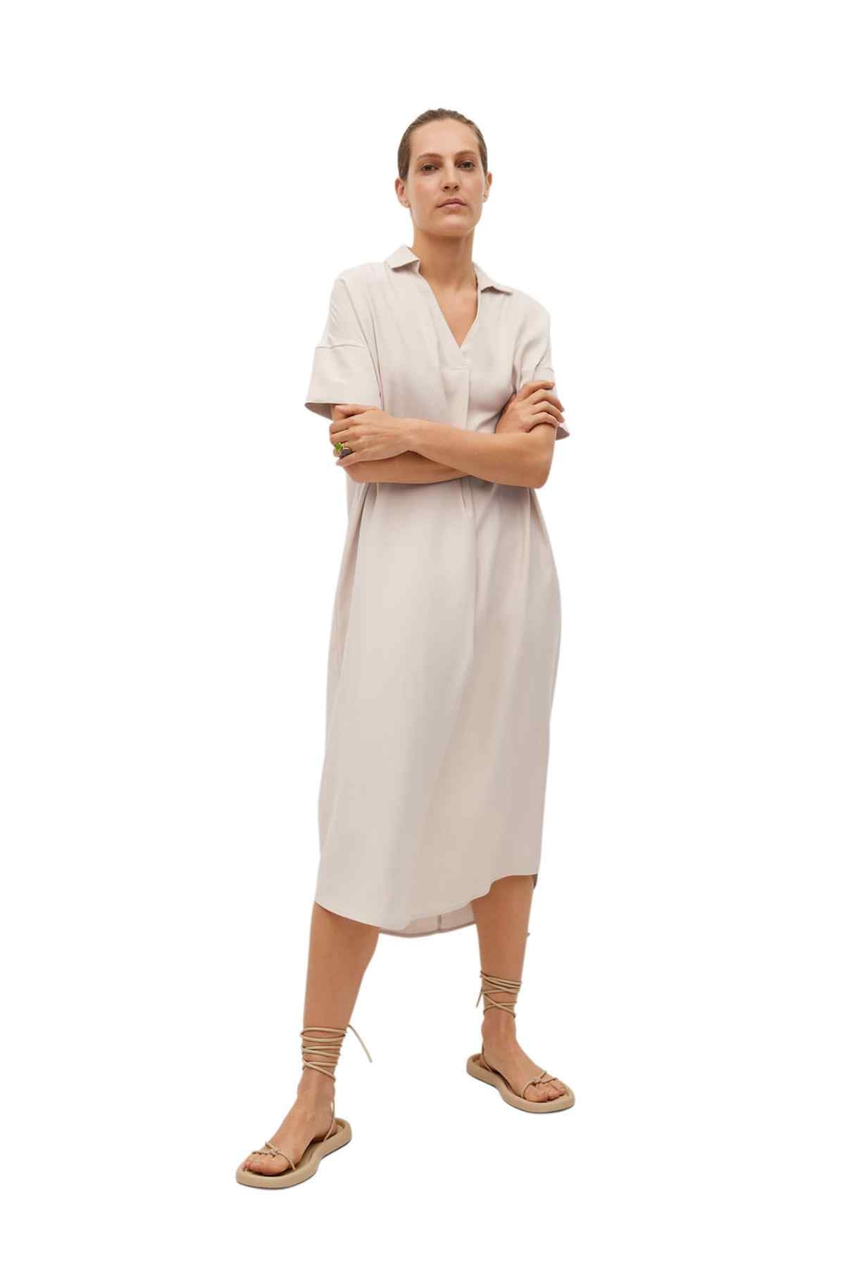 Beige midi shirt dress with short sleeves, V-neck, and straight hem