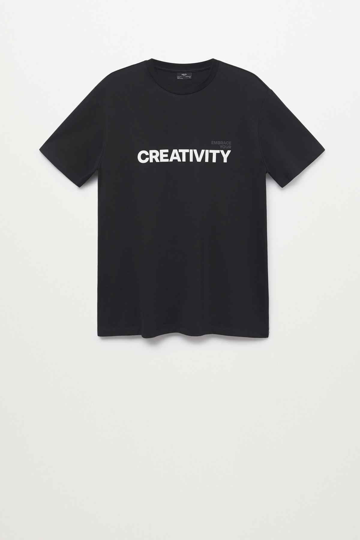 MANGO black graphic T-shirt with 'CREATIVITY' front print, crew neck