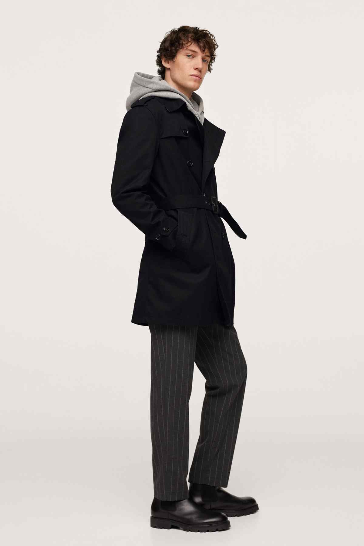 Black hooded belted coat with tie belt and flap pockets, side view