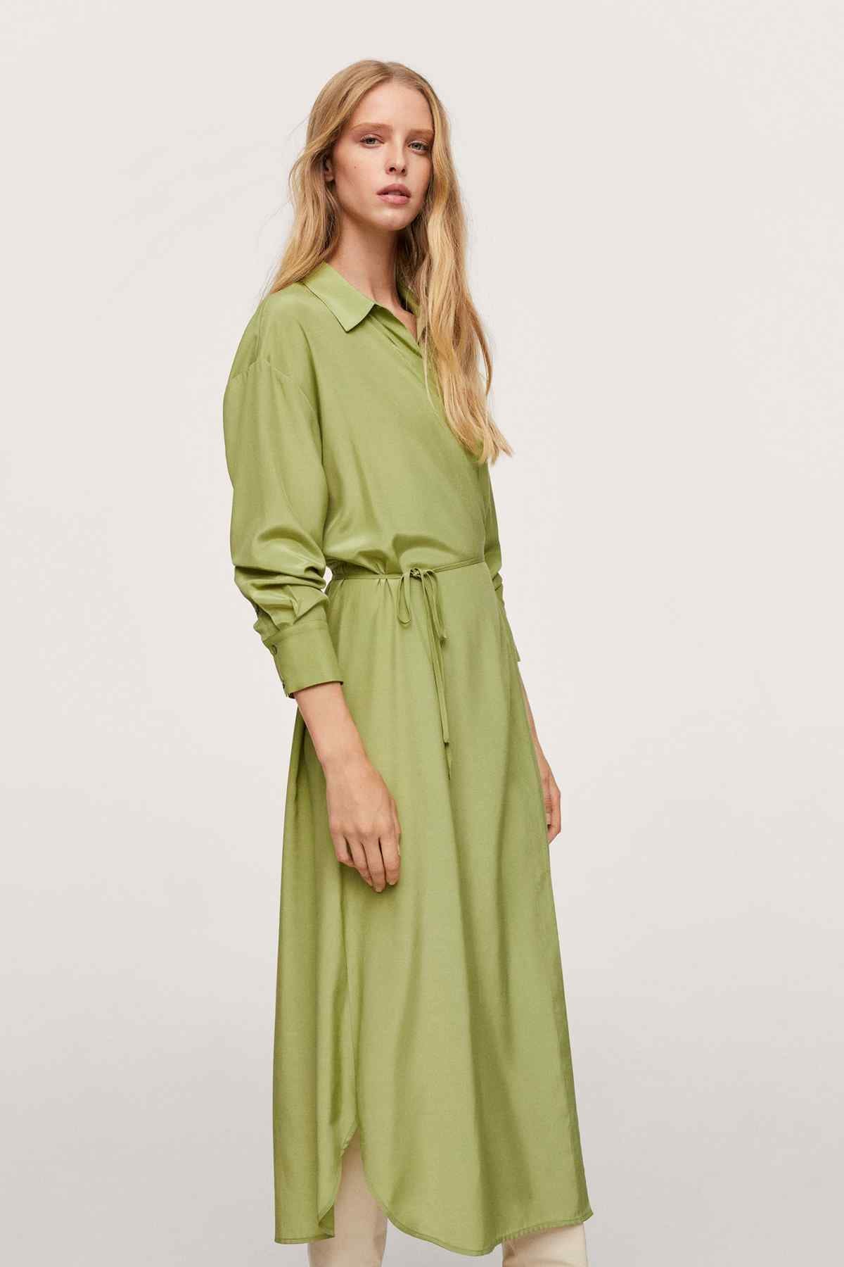 Green collared long-sleeve midi dress with belt tie waist