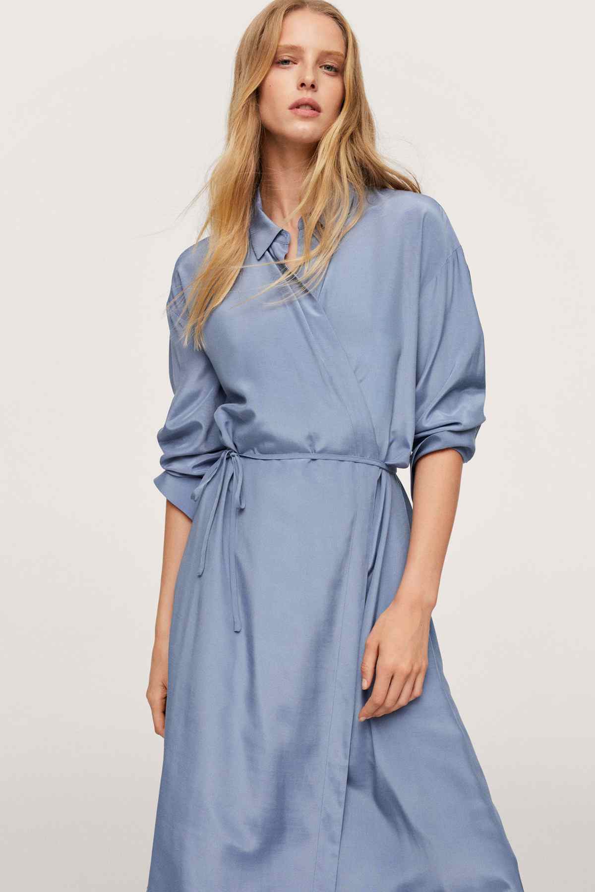 Mango blue shirt dress with V-neck collar and tie waist