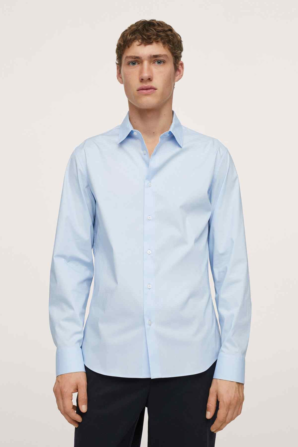 Men's sky blue button-up shirt front view, long sleeves, pointed collar