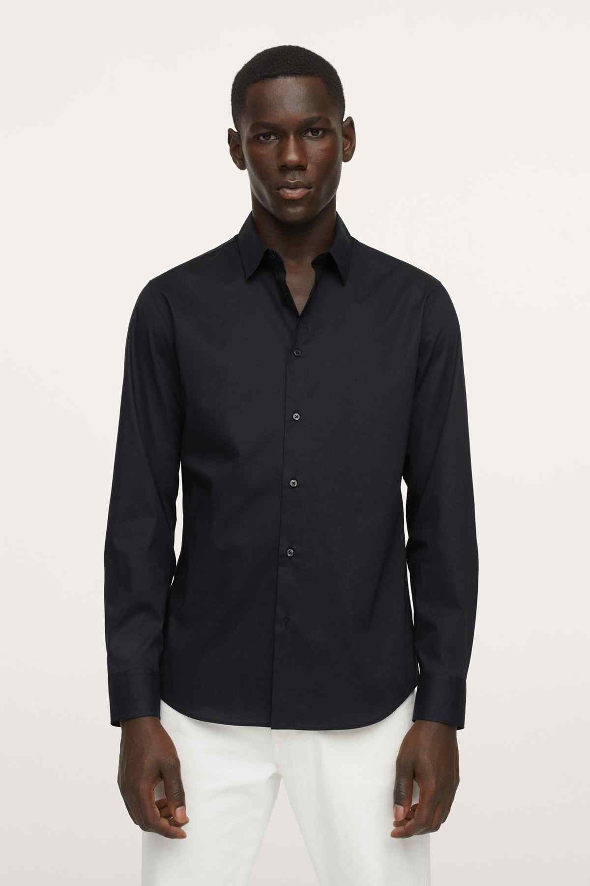 Black button-up shirt with long sleeves and button placket, front view