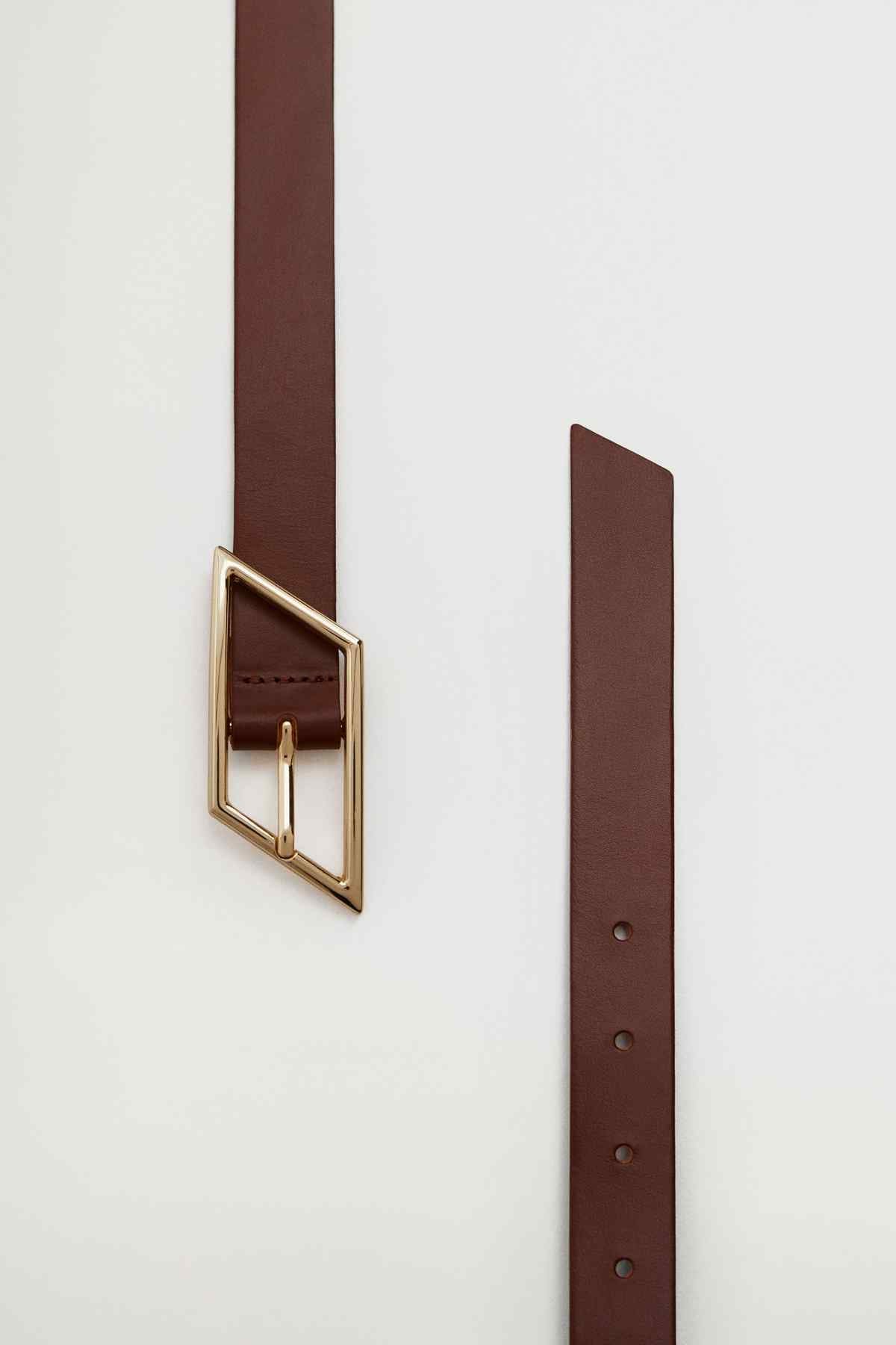 Brown leather belt with gold-toned buckle and punched adjustment holes