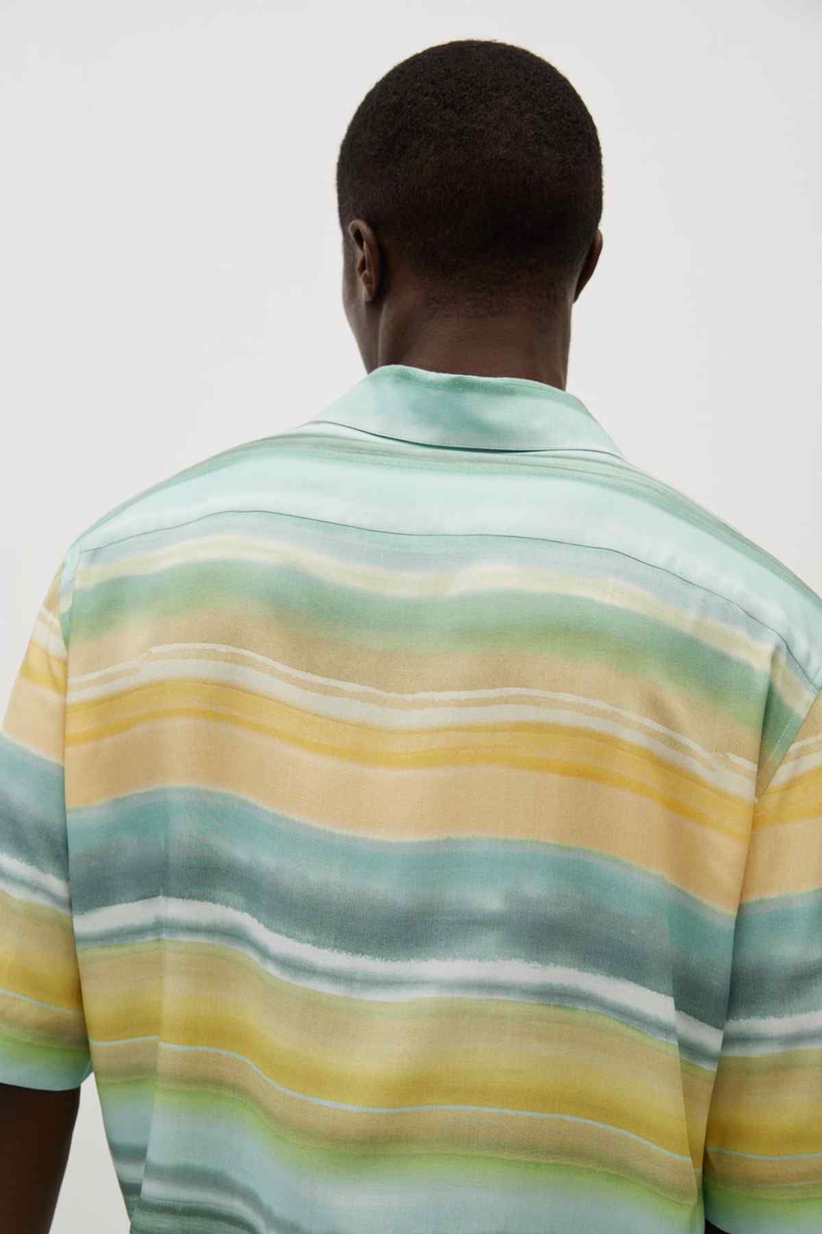 Men's short-sleeve striped button-up shirt back view, aqua green and yellow