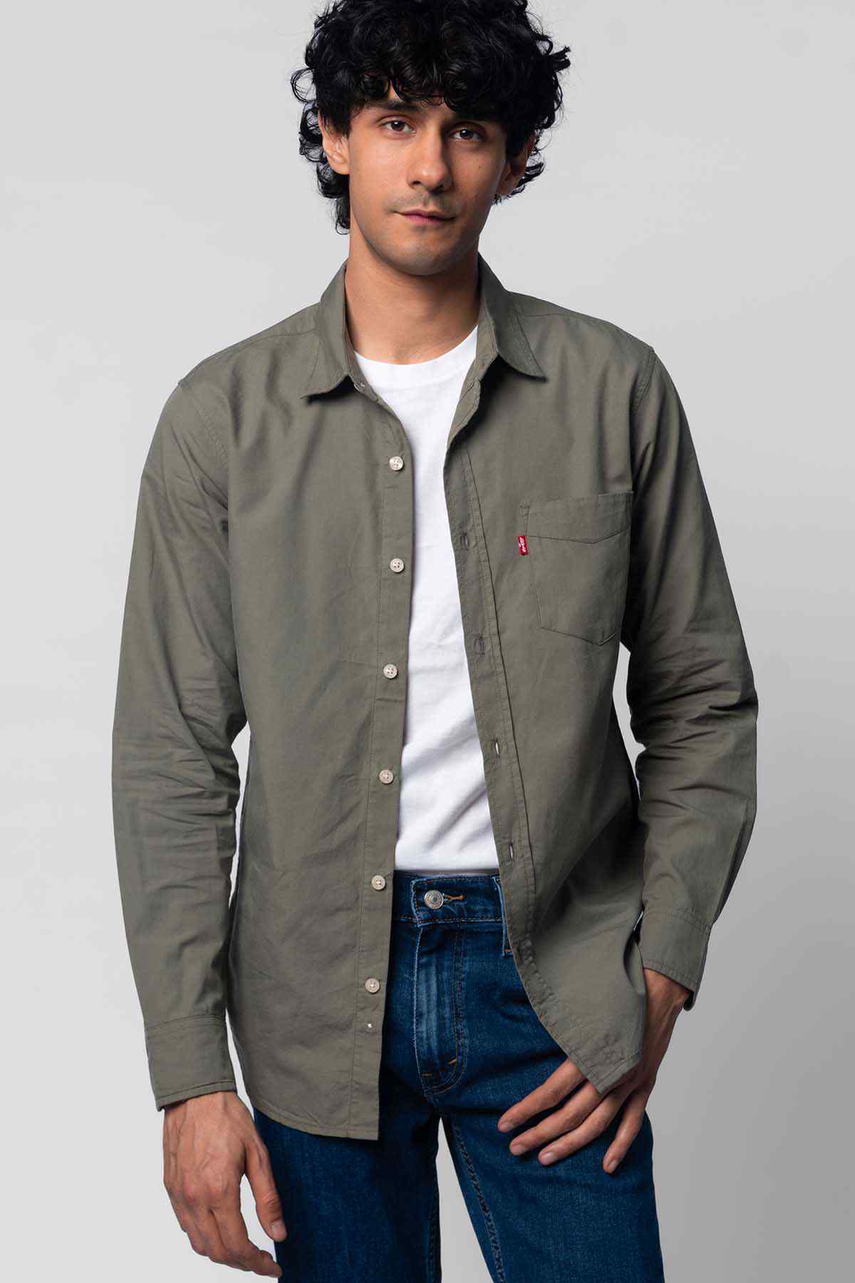 Levi's olive green button-up shirt, front with chest pocket and buttons
