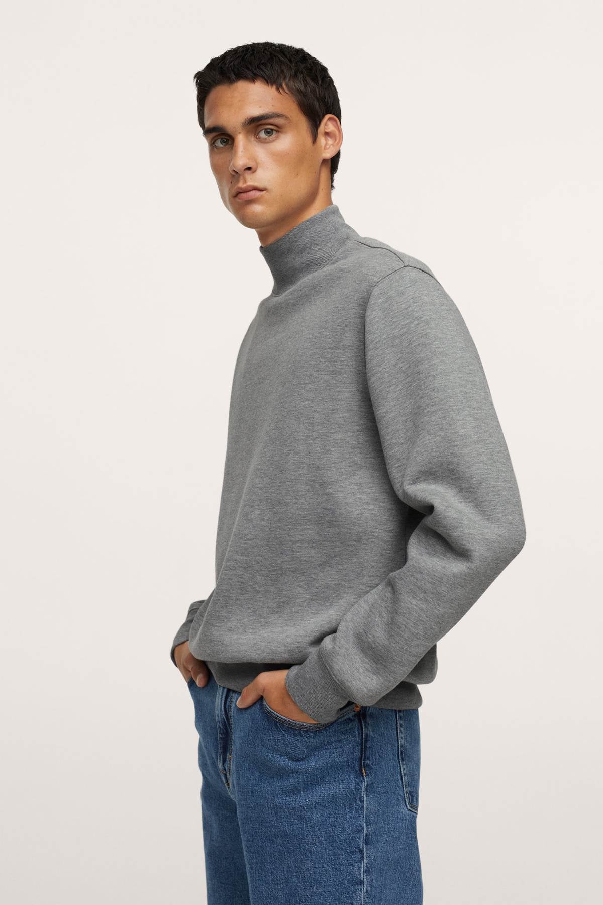 MANGO heather grey turtleneck sweatshirt, side view, long sleeves