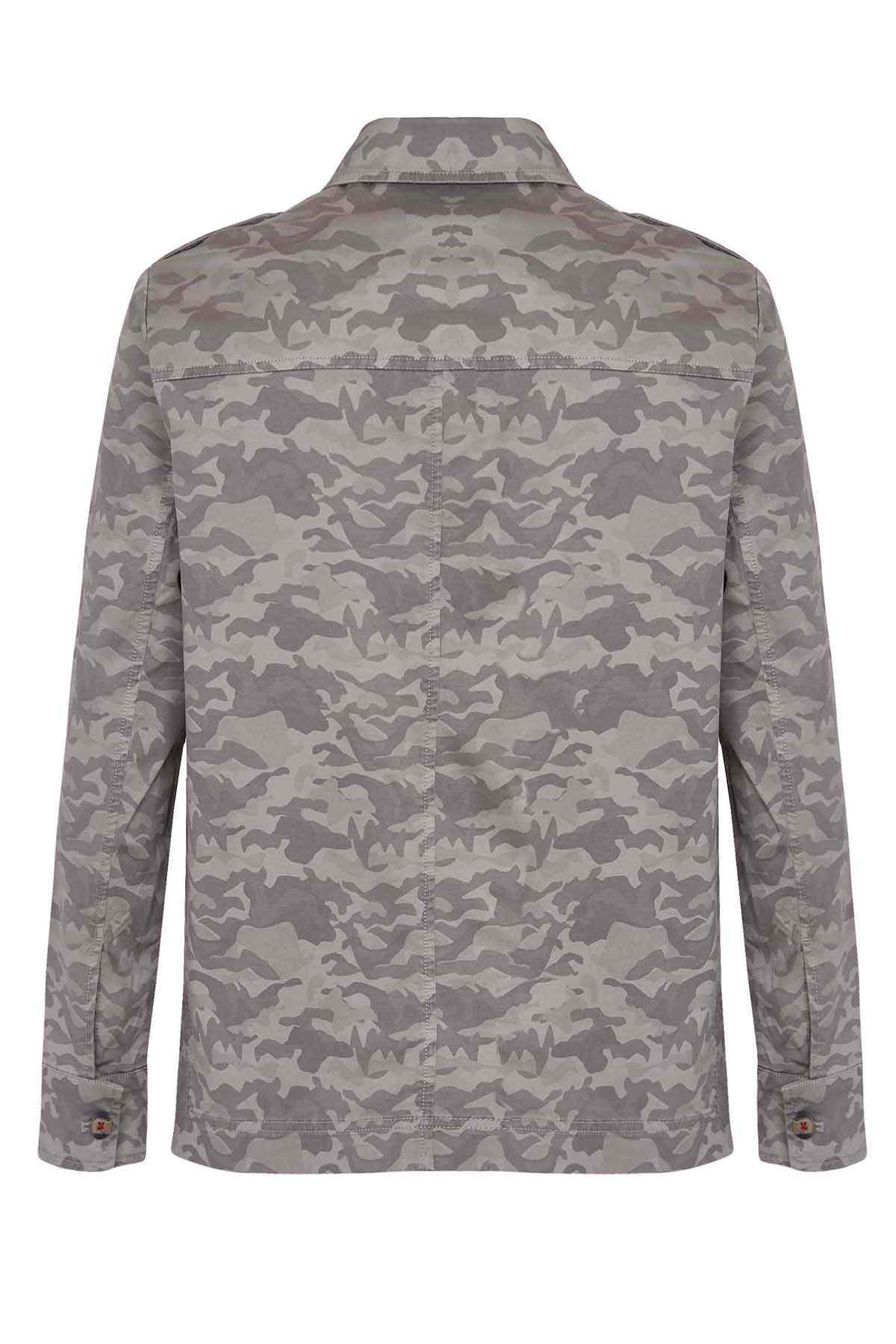 Camouflage button-up jacket, back view with stand collar
