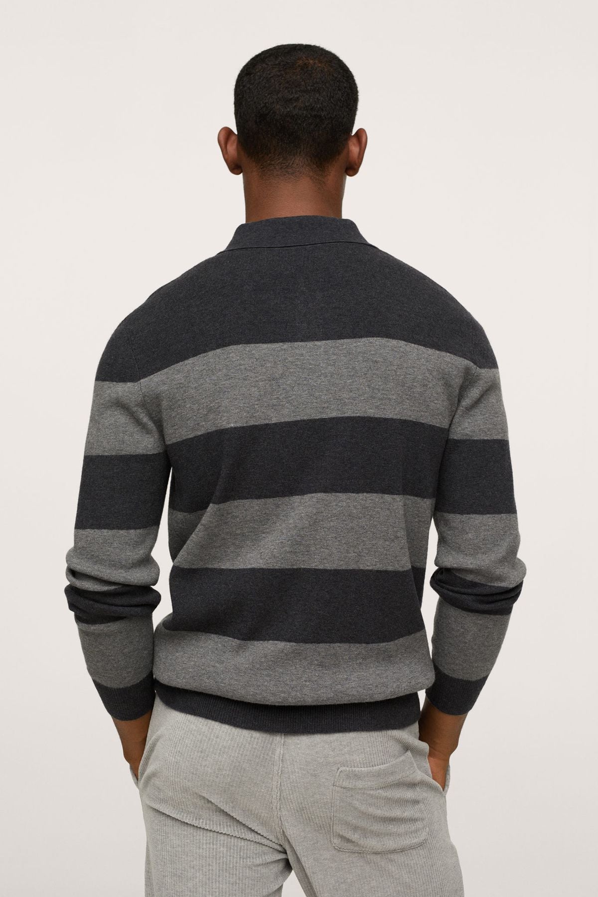 MANGO charcoal knit polo sweater back view, quarter zip and gray horizontal stripes