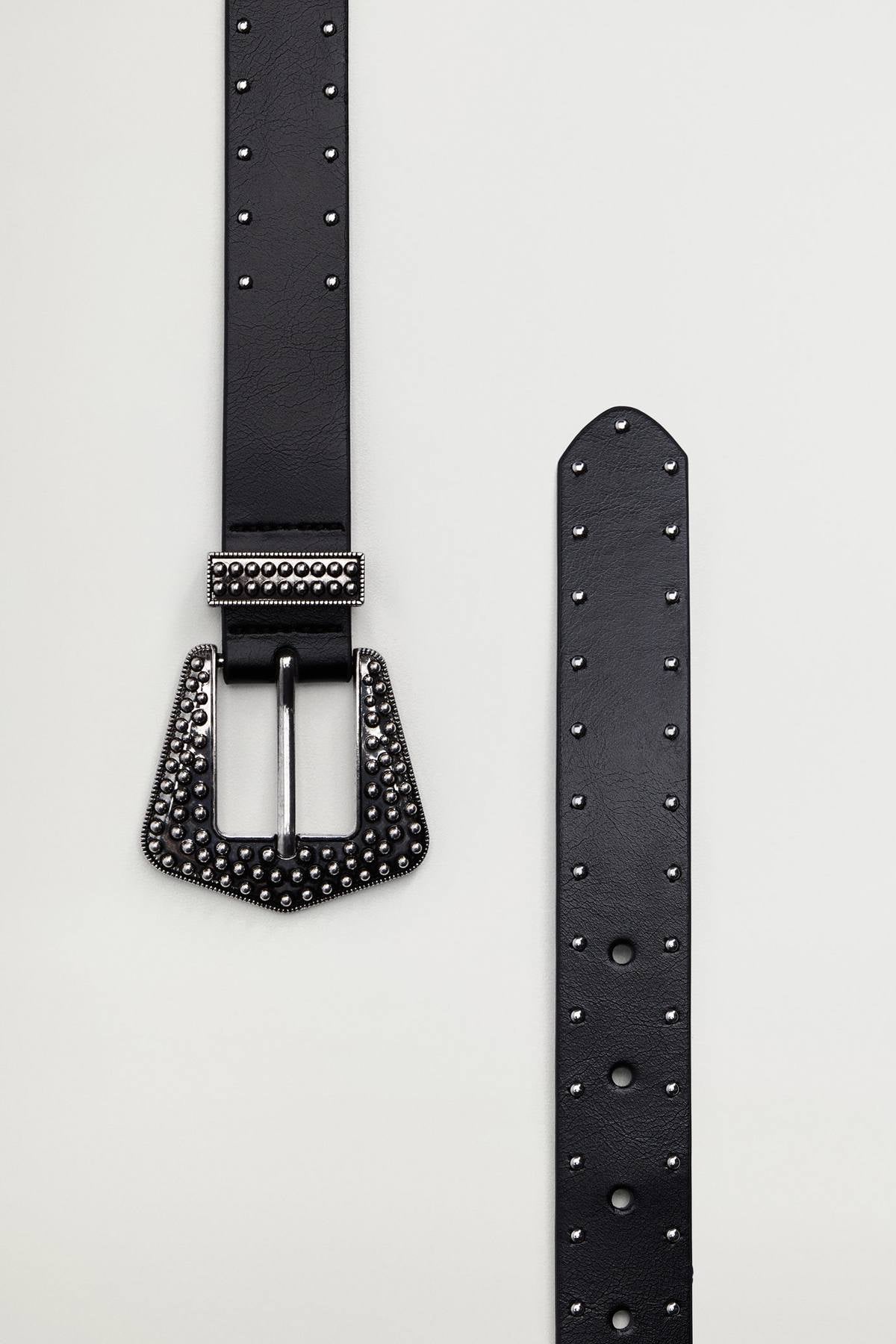 Black leather belt with stud rows and rhinestone buckle and punched holes
