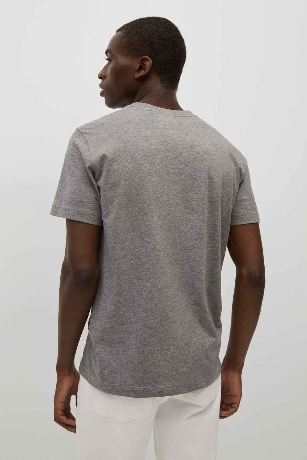 Light heather grey crew-neck T-shirt with short sleeves, back view