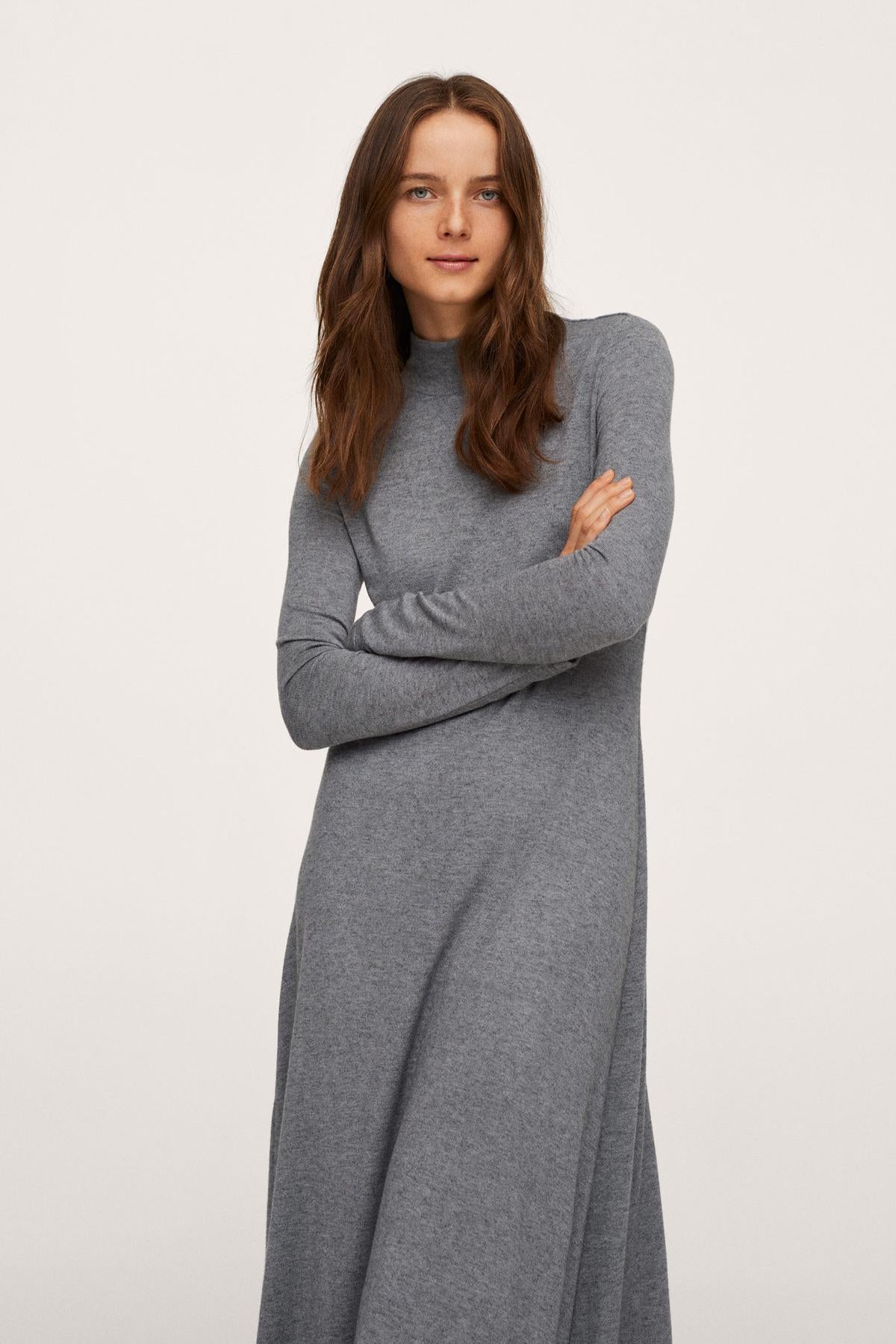 Heather grey long-sleeve maxi dress with high neck, front view