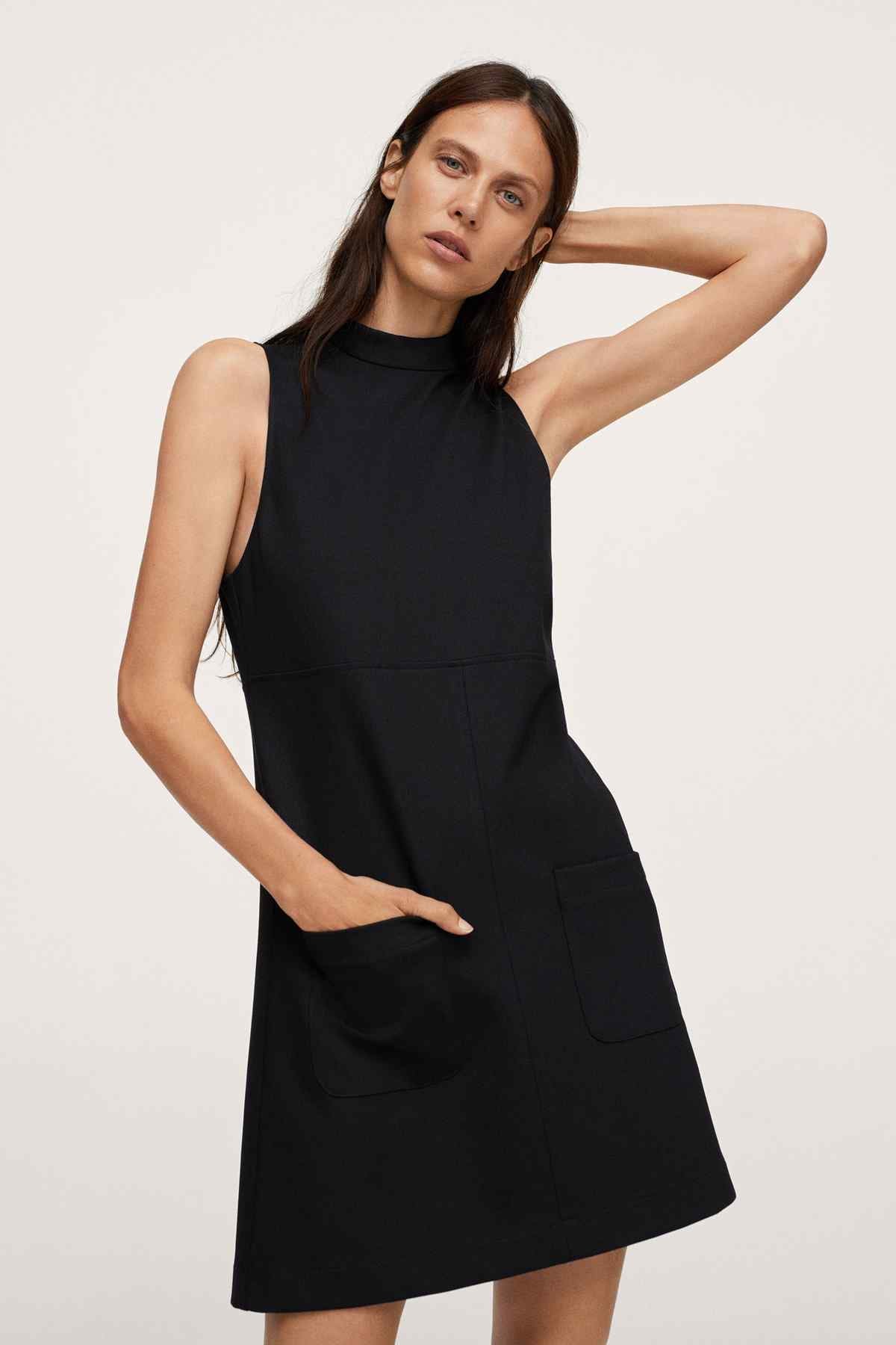 Black sleeveless high-neck mini dress with front patch pocket
