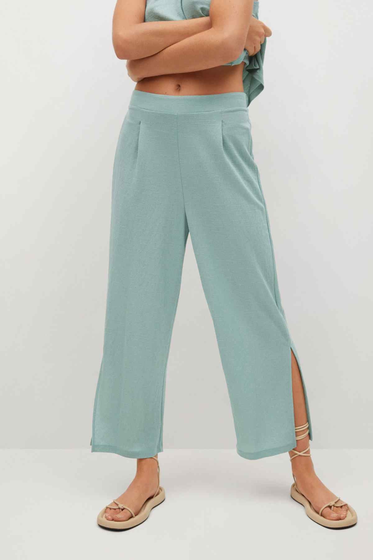 Aqua green wide-leg cropped trousers with elastic waist