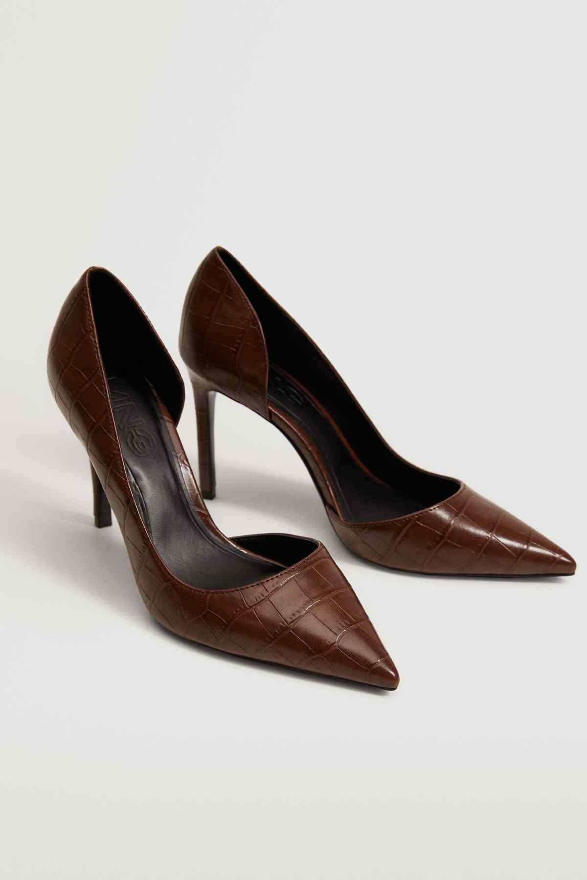 Brown pointed-toe stiletto pumps pair, angled view, textured upper and slim heel