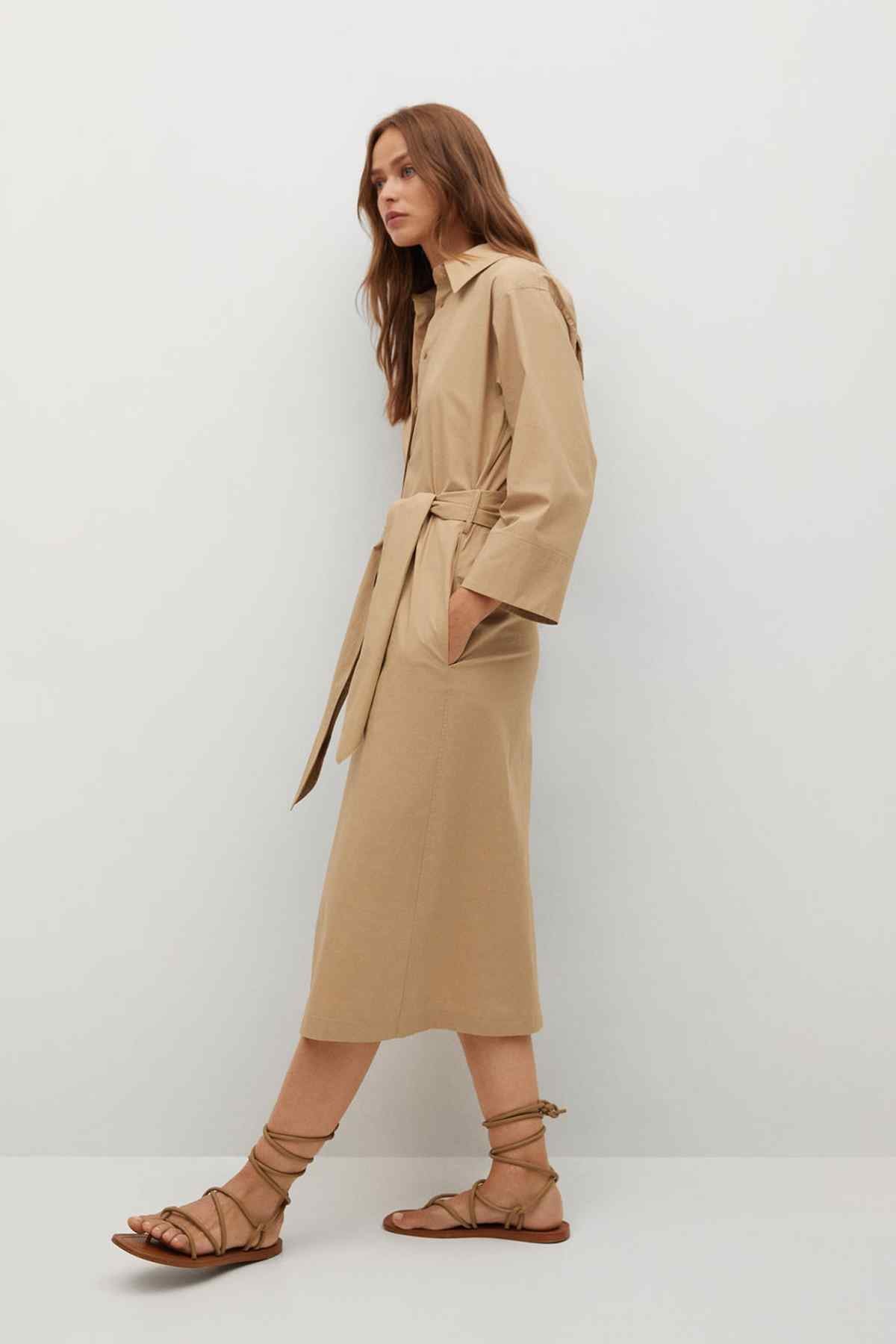 Beige belted shirt dress with tie waist, side view, midi length