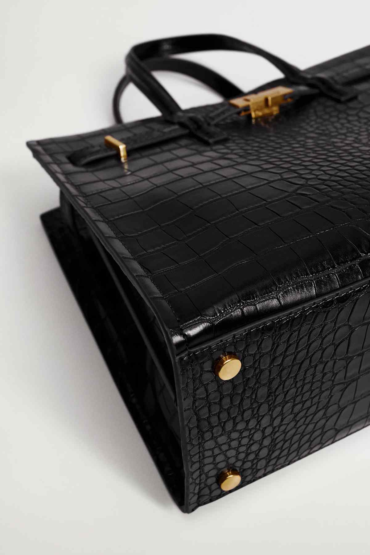 MANGO black croc-texture handbag top view with strap and gold-tone stud details