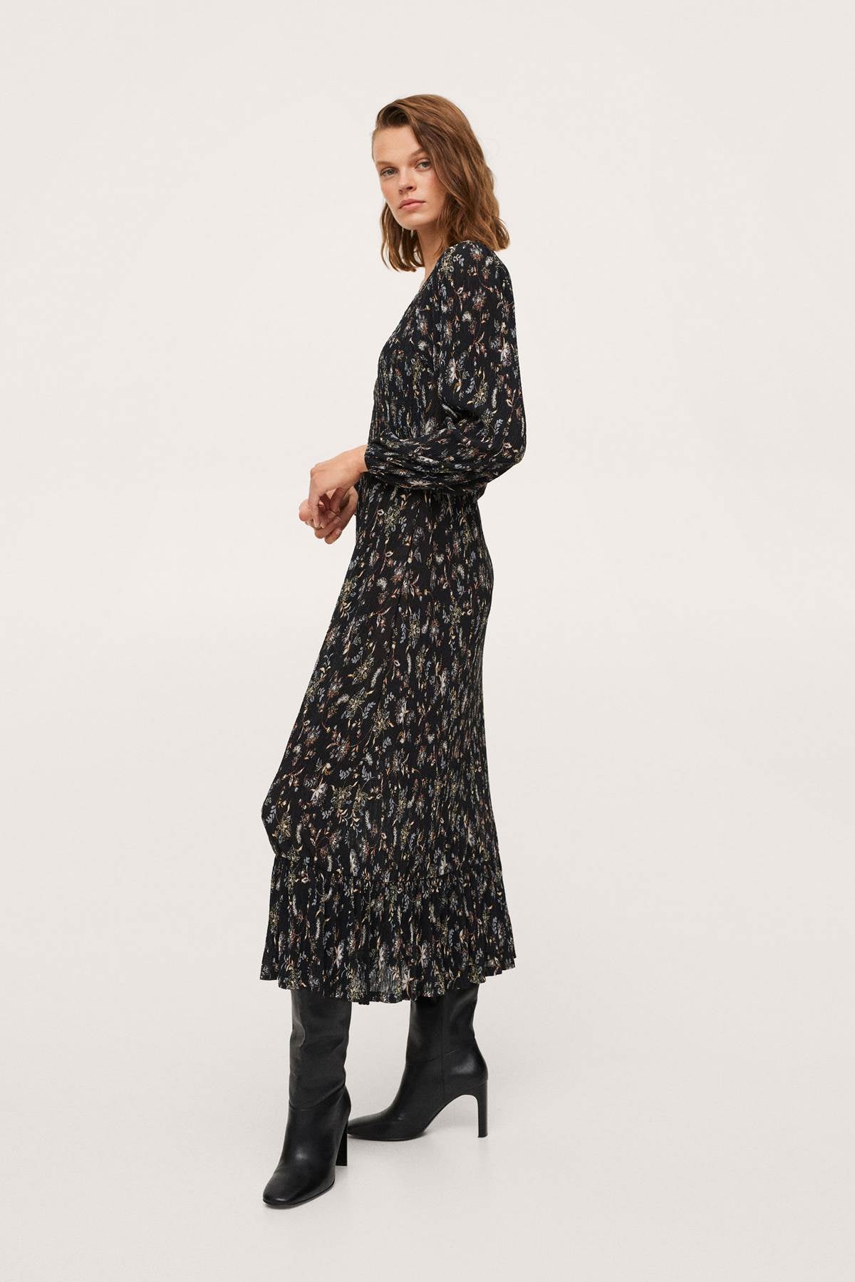 Black floral print long-sleeve midi dress with V-neck and flowing tiered hem