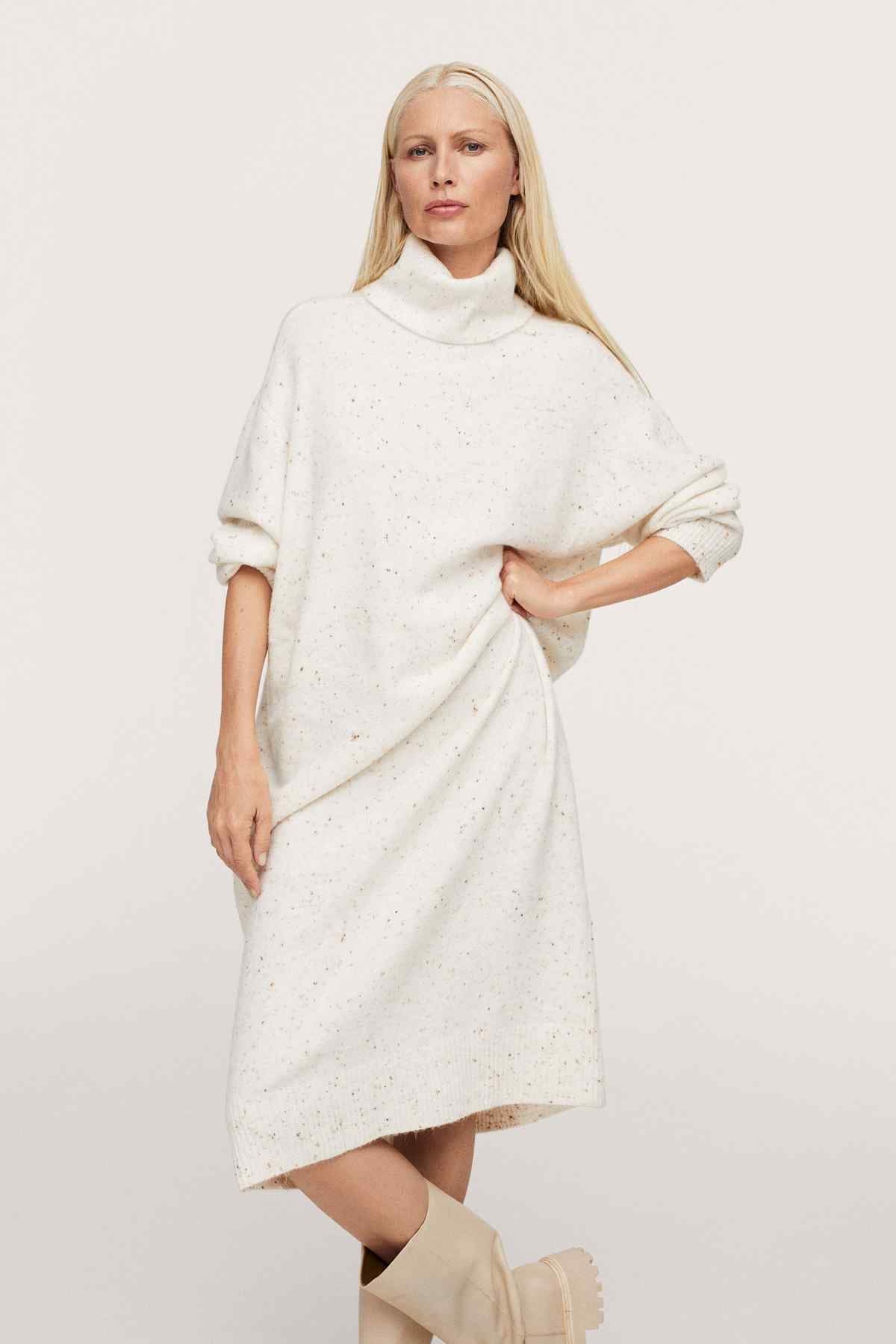 Ecru speckled knit midi dress with high collar and relaxed long sleeves