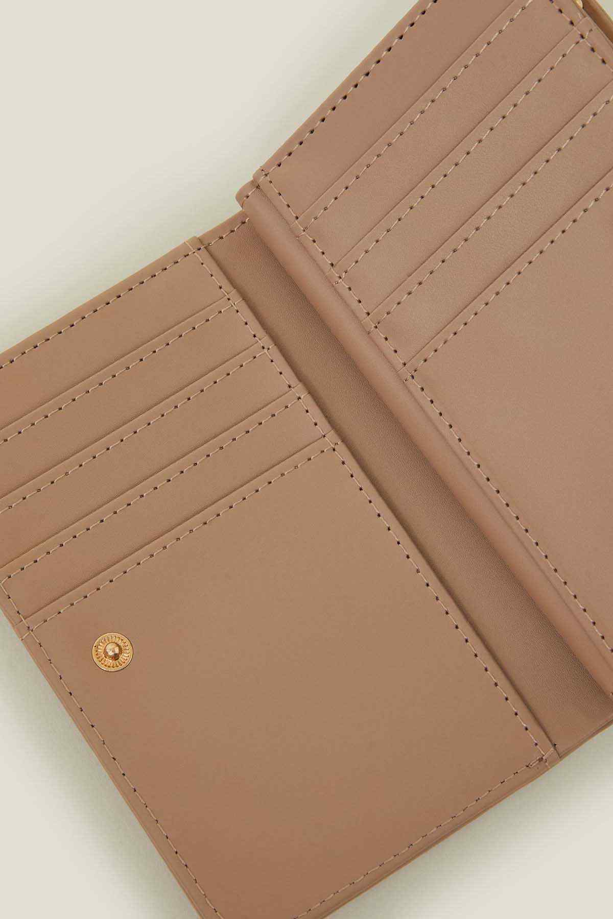 Mink leather wallet with card slots and gold snap button