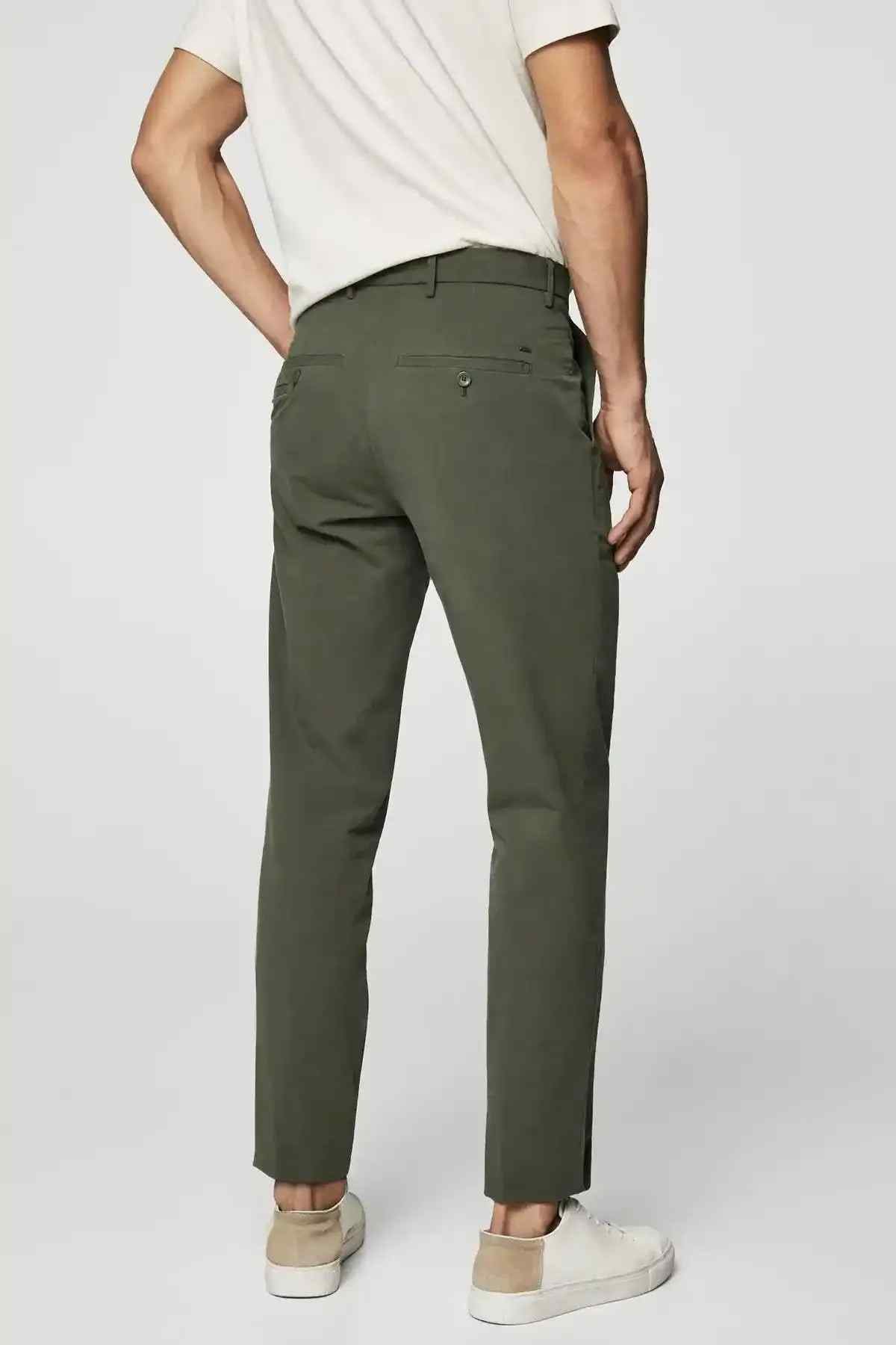 Khaki straight-fit trousers with ankle-length hem and belt loops
