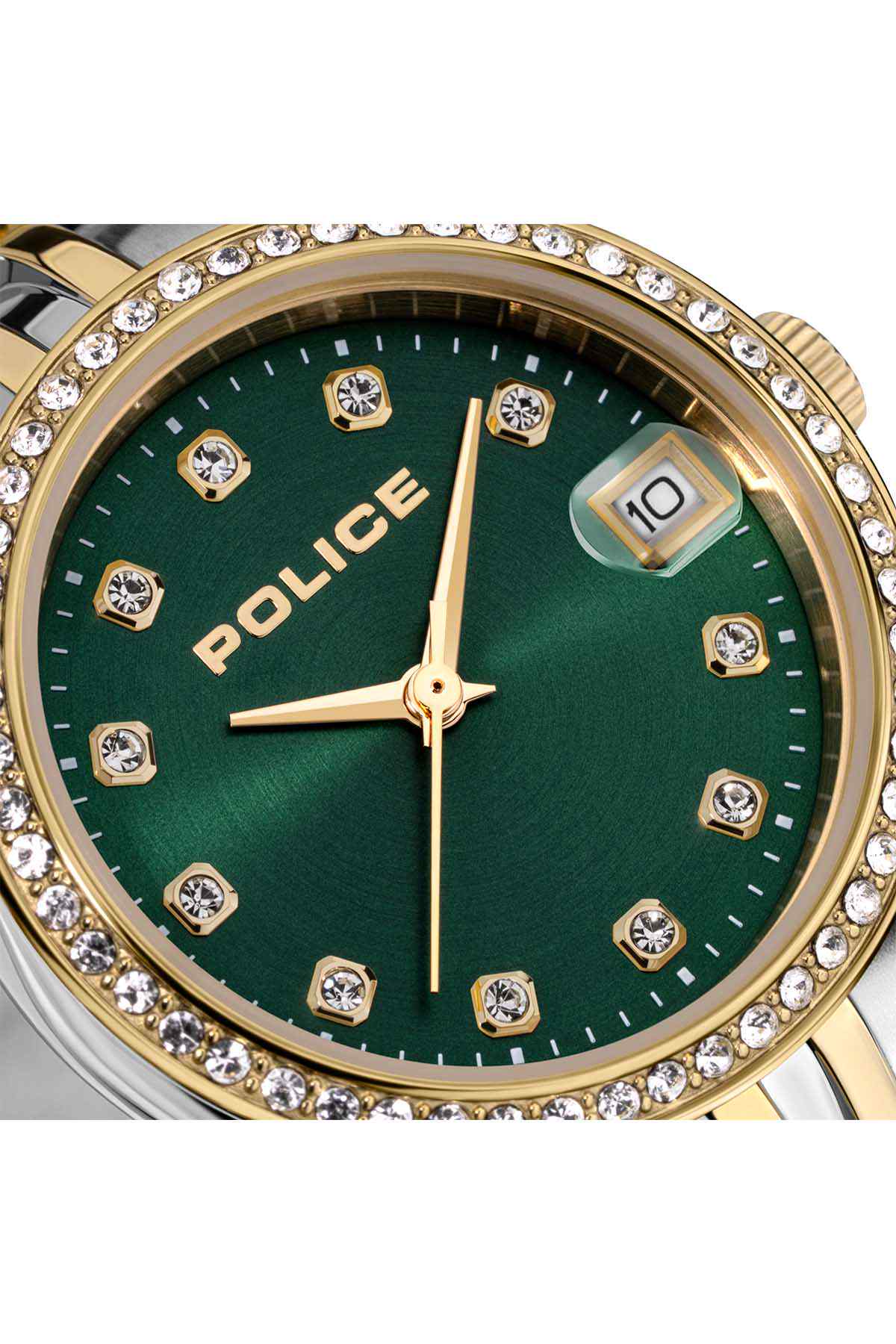 Two-tone wristwatch with green dial, gold bezel, rhinestones, police text