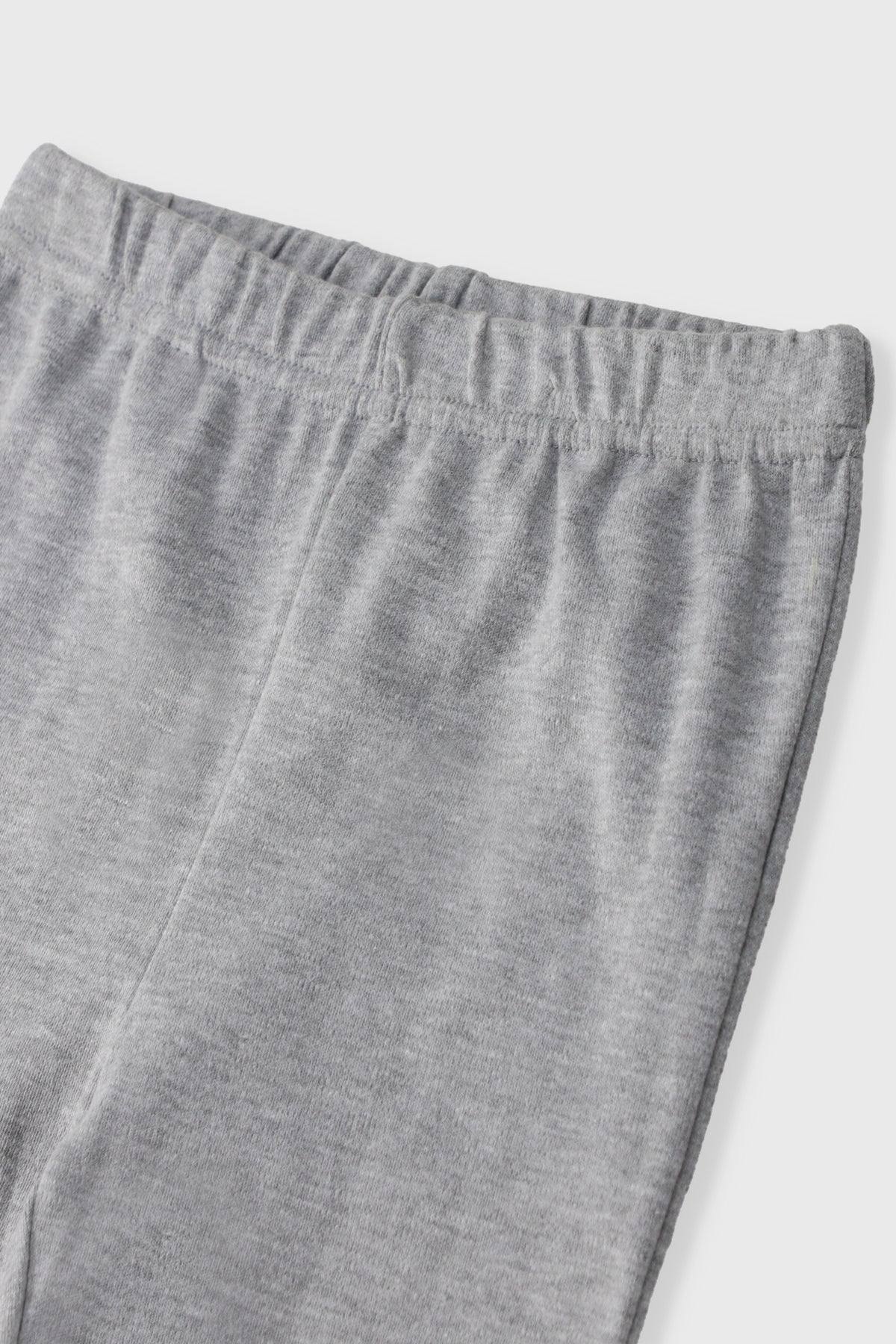 Gray sweatpants with elastic waistband and textured fabric.