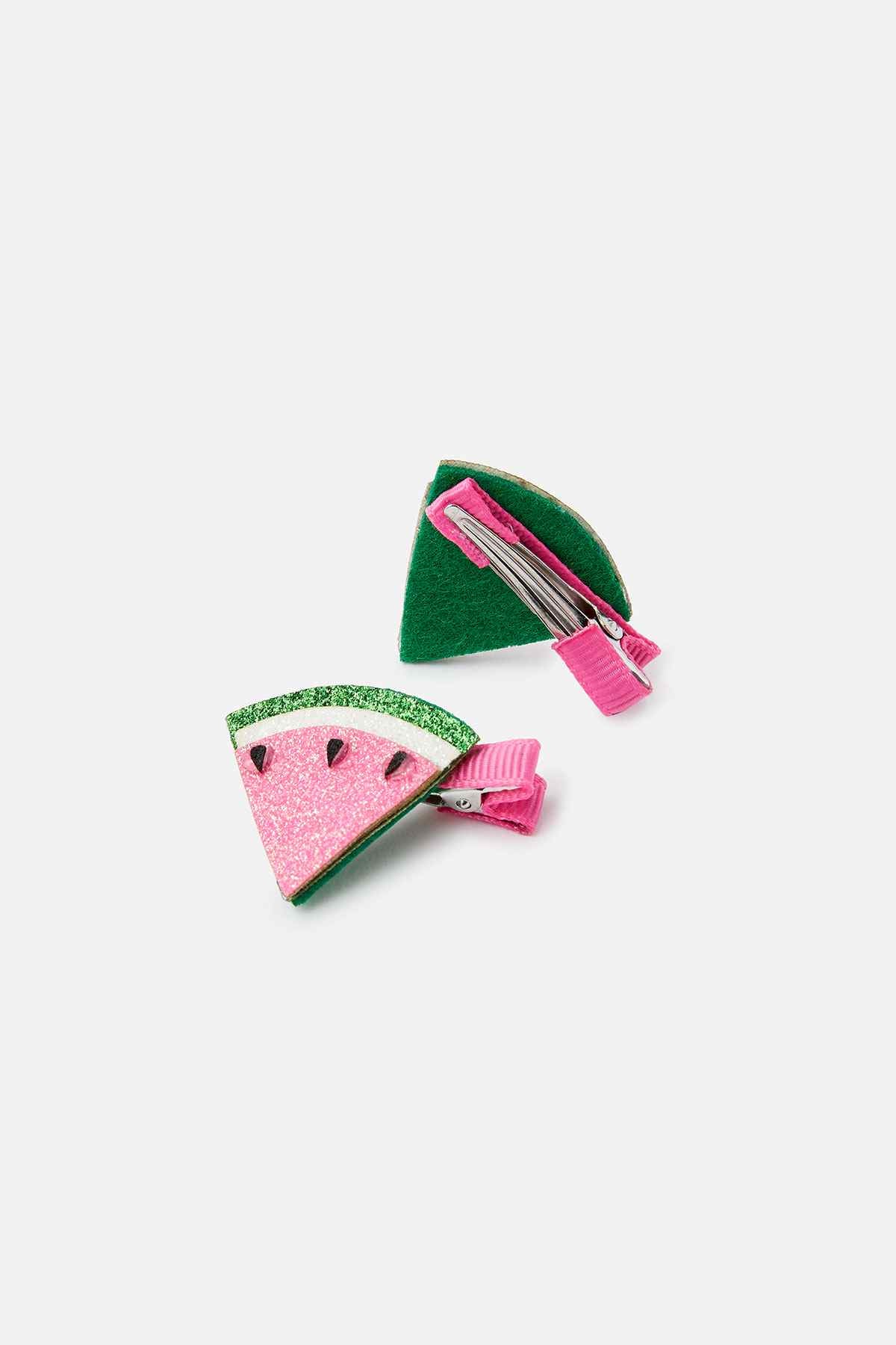 Watermelon-print hair clip set with pink ribbon and green triangle backing