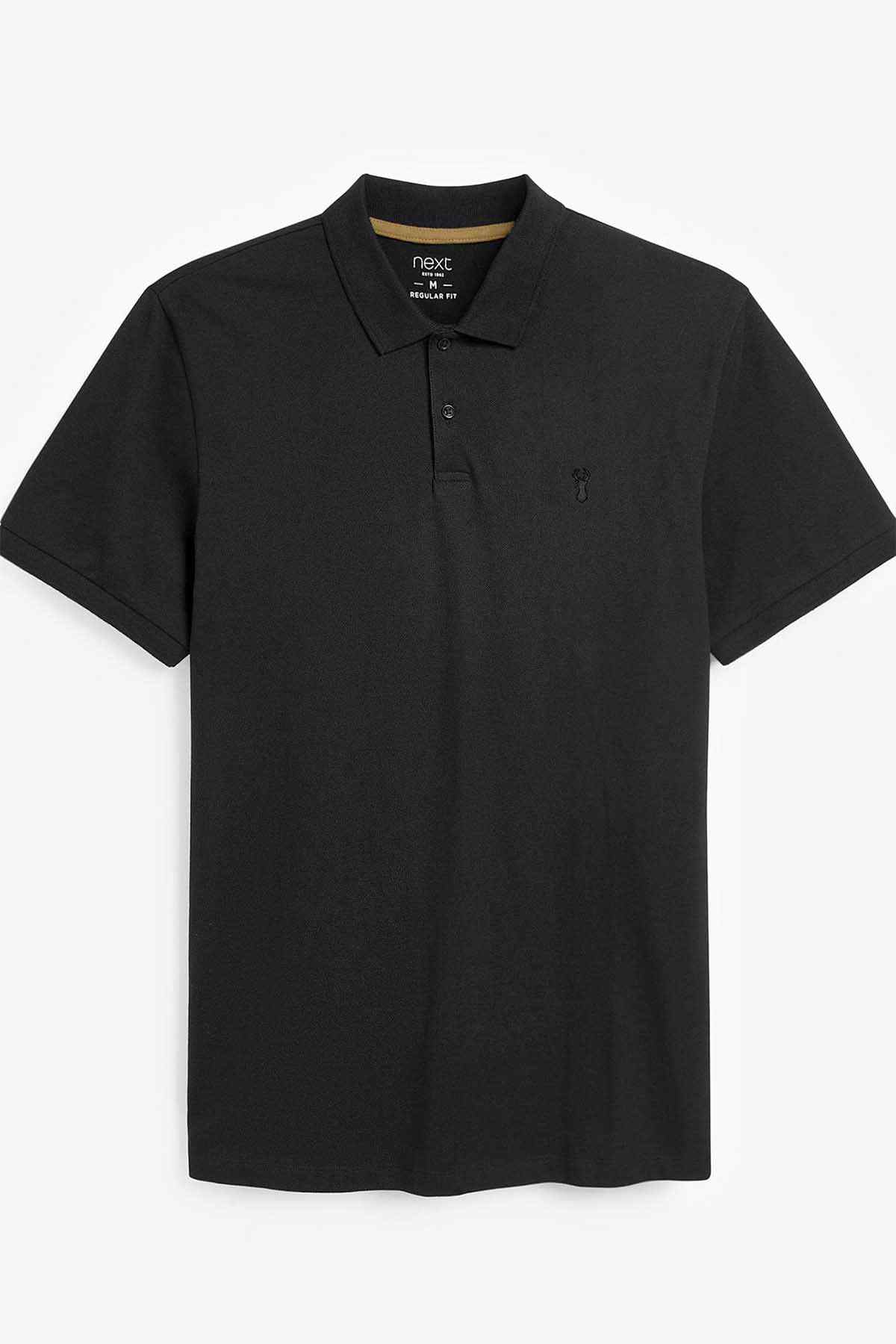 Black polo shirt with collared button front and short sleeves, flat lay