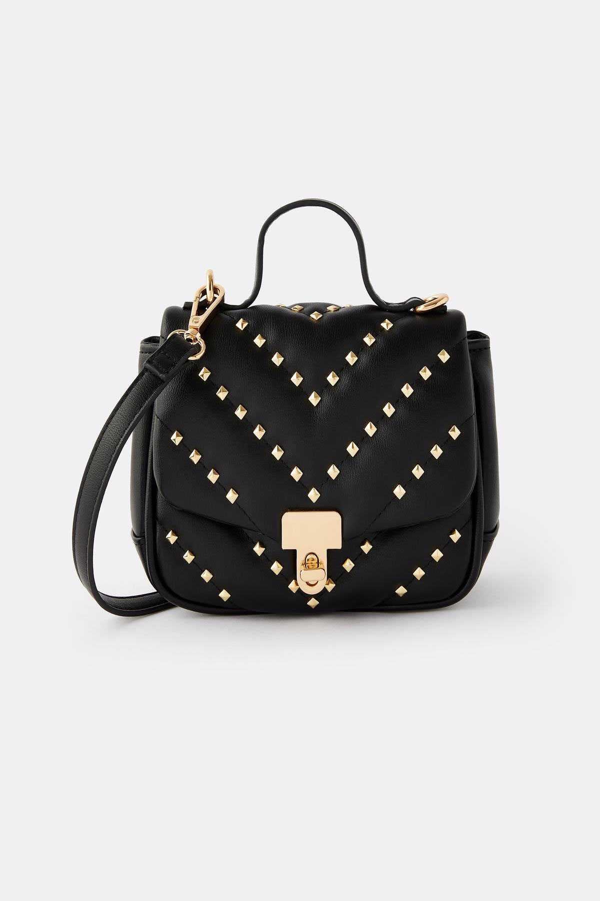Black studded crossbody bag with V pattern flap and gold-tone lock