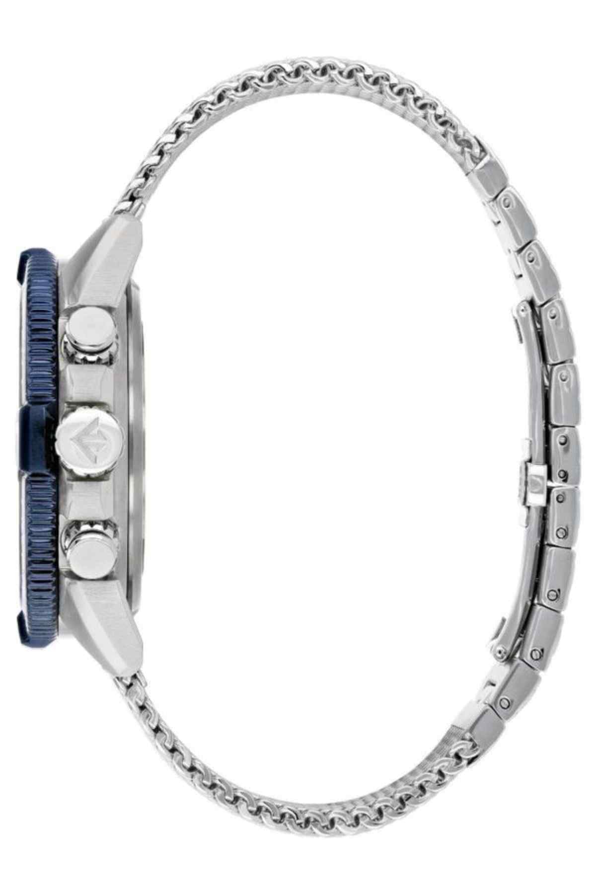 CITIZEN wristwatch side profile with blue bezel accent and silver mesh bracelet