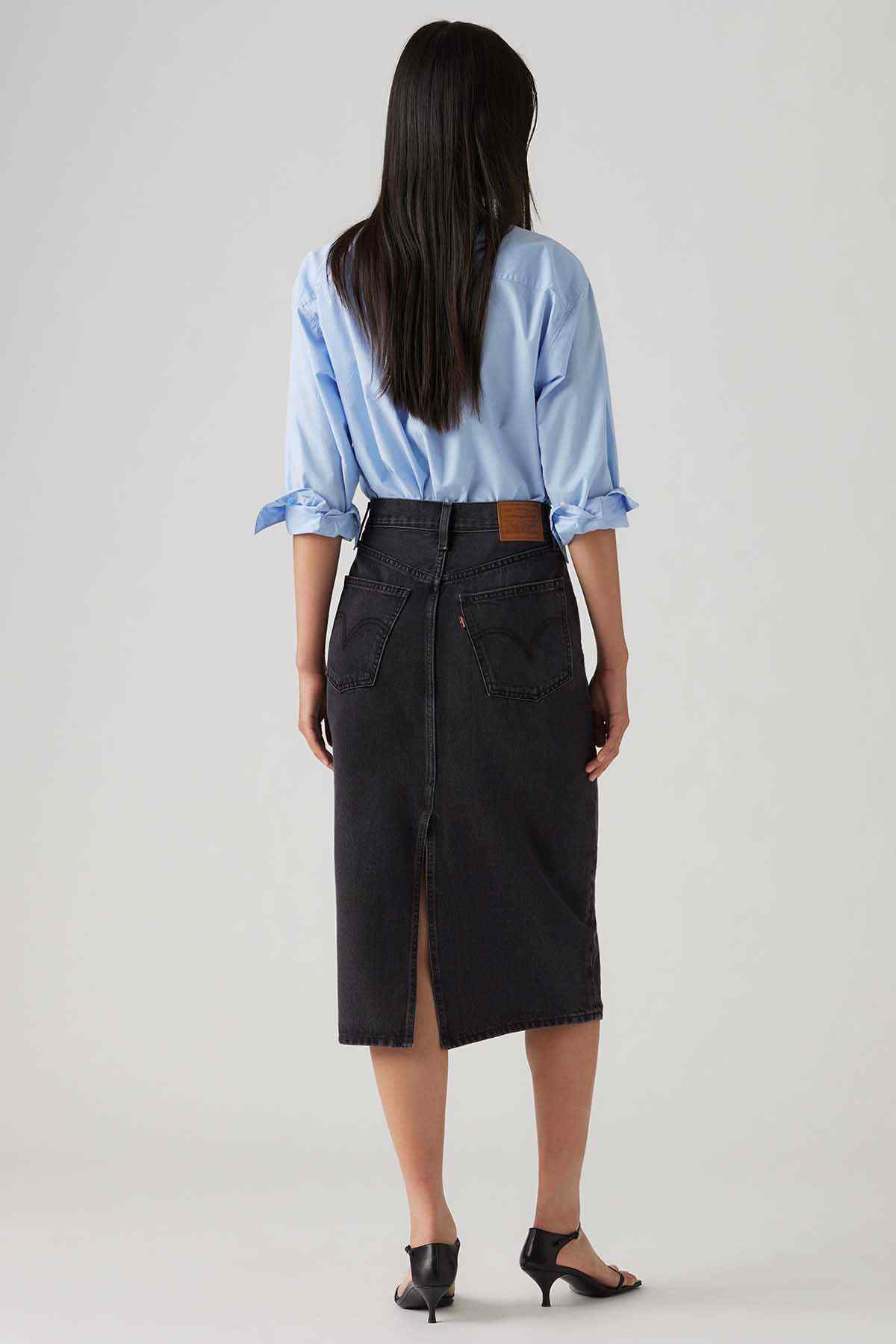 Black denim midi skirt, back view with center yoke and straight hem