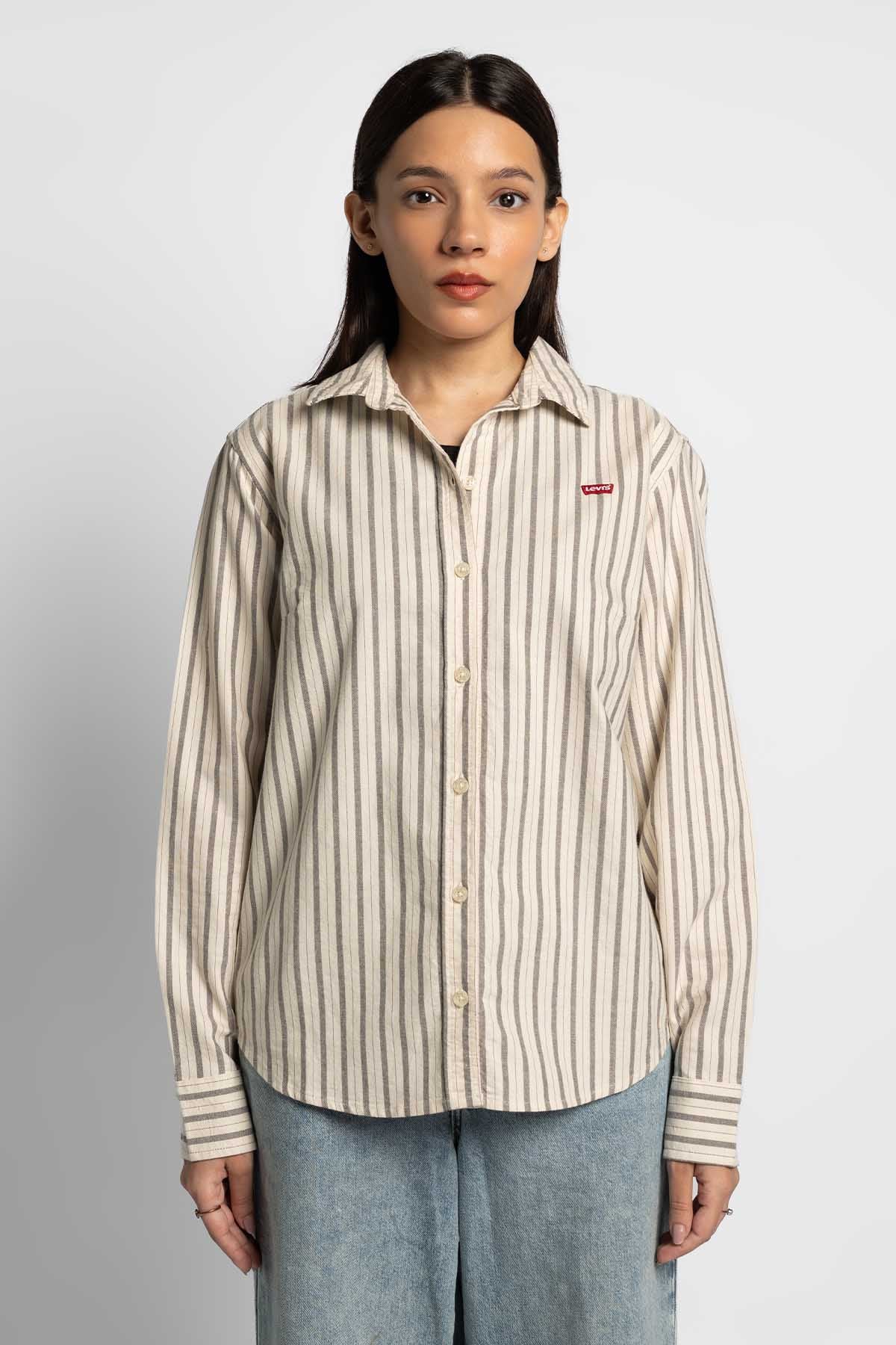 Levi's beige striped long-sleeve button-up shirt with collar and small logo