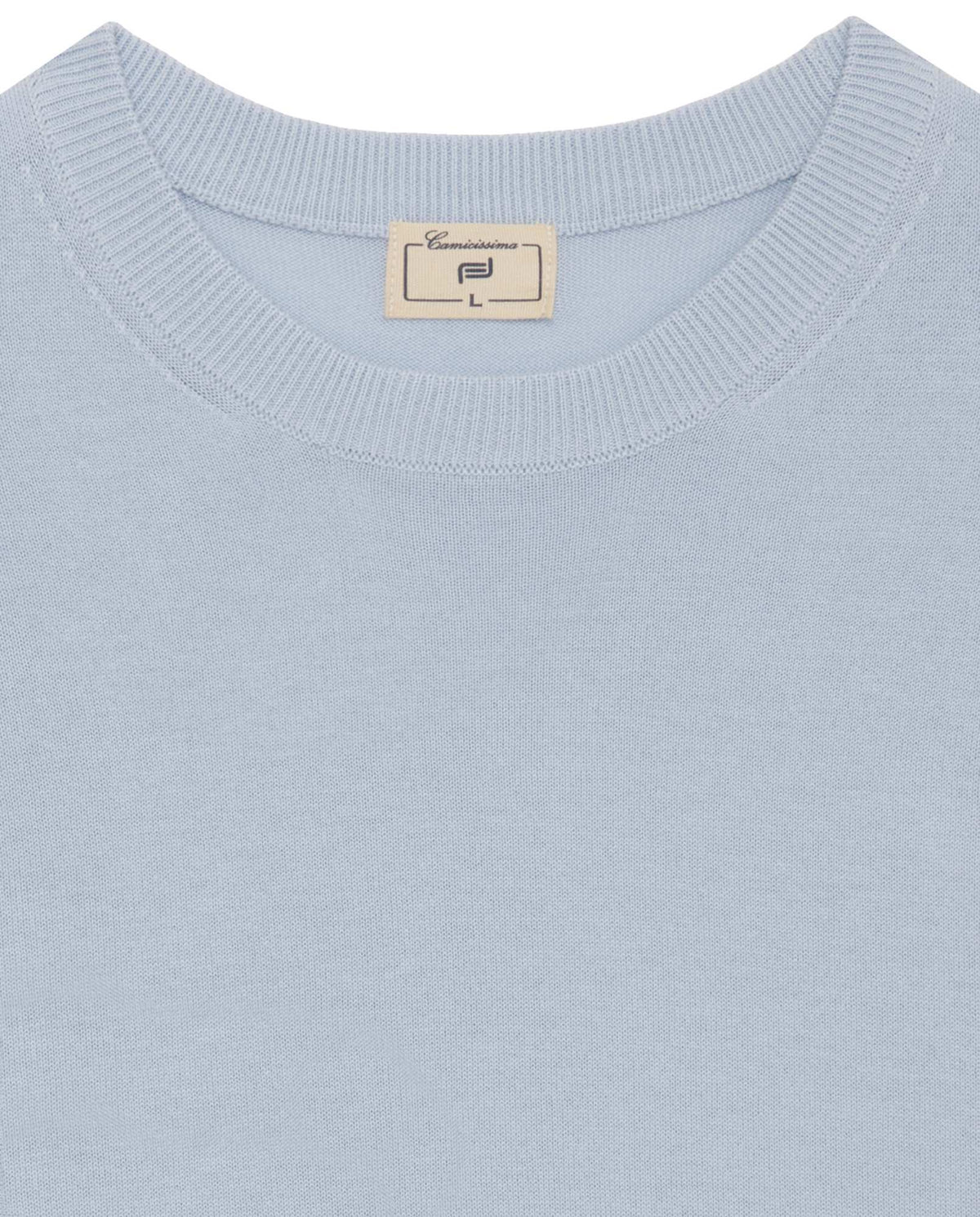 Light blue crewneck sweater with ribbed neckline and neck label