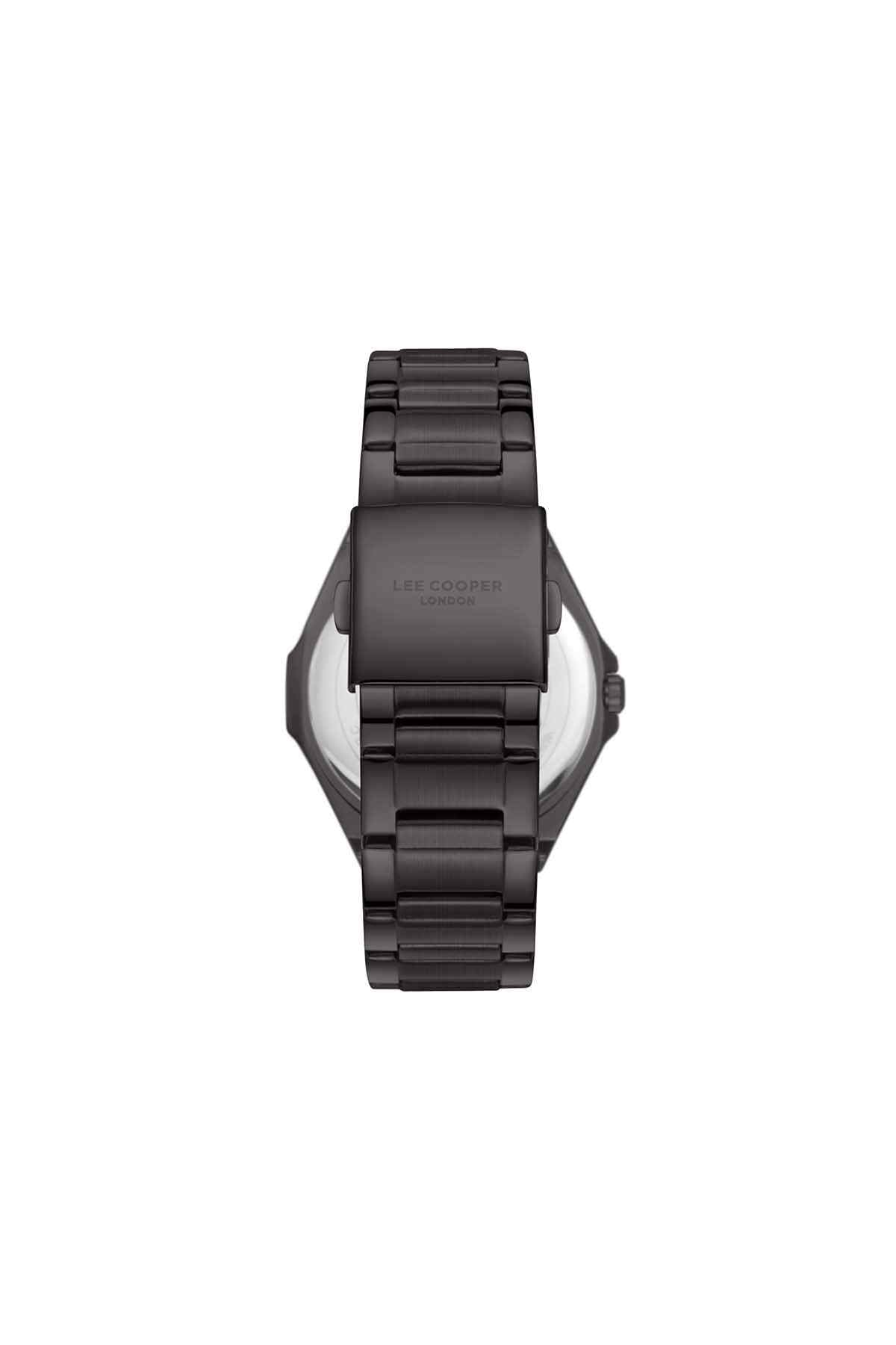 Lee Cooper gun-tone wristwatch, black bracelet and case back view