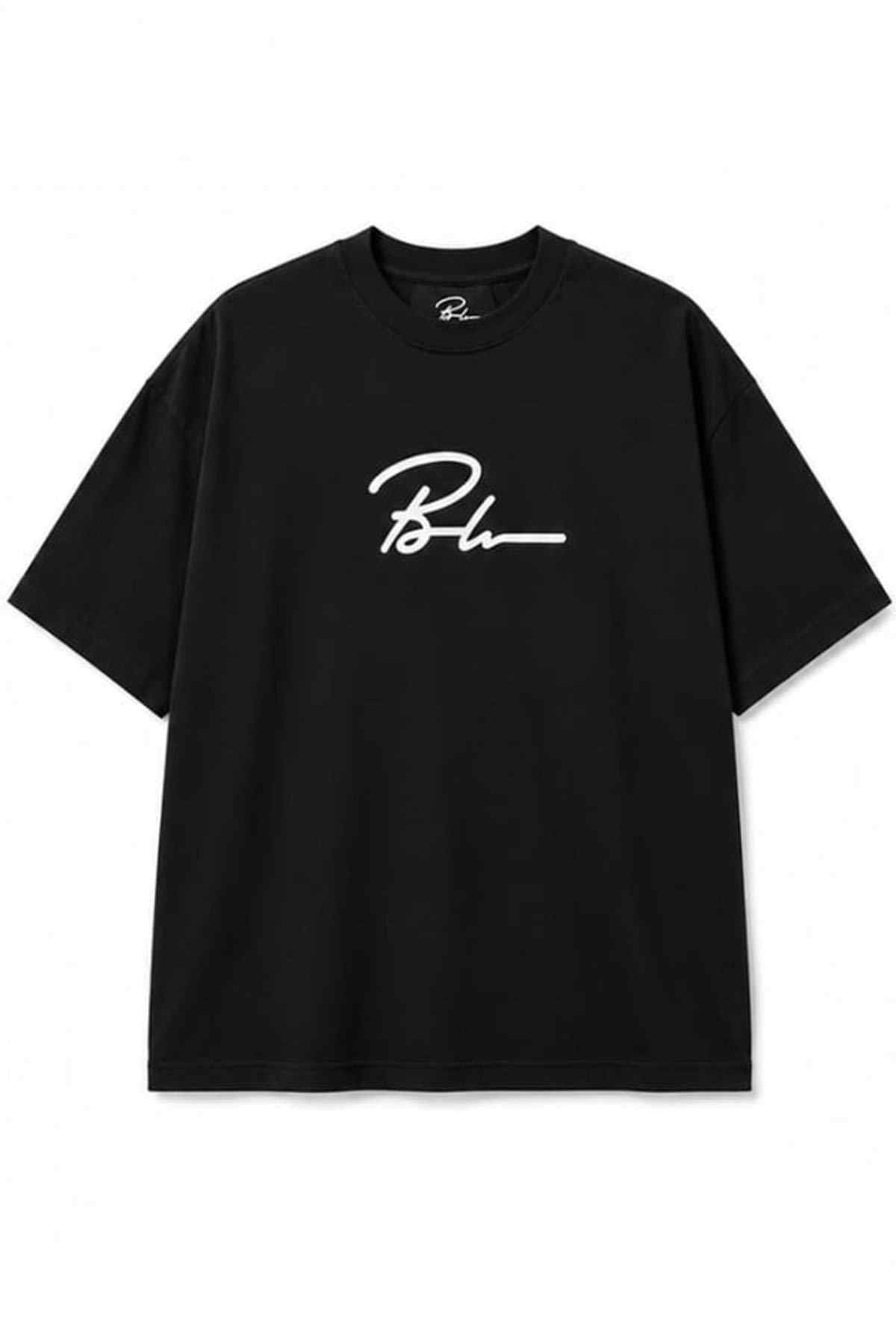 Black crewneck T-shirt with white cursive logo on chest