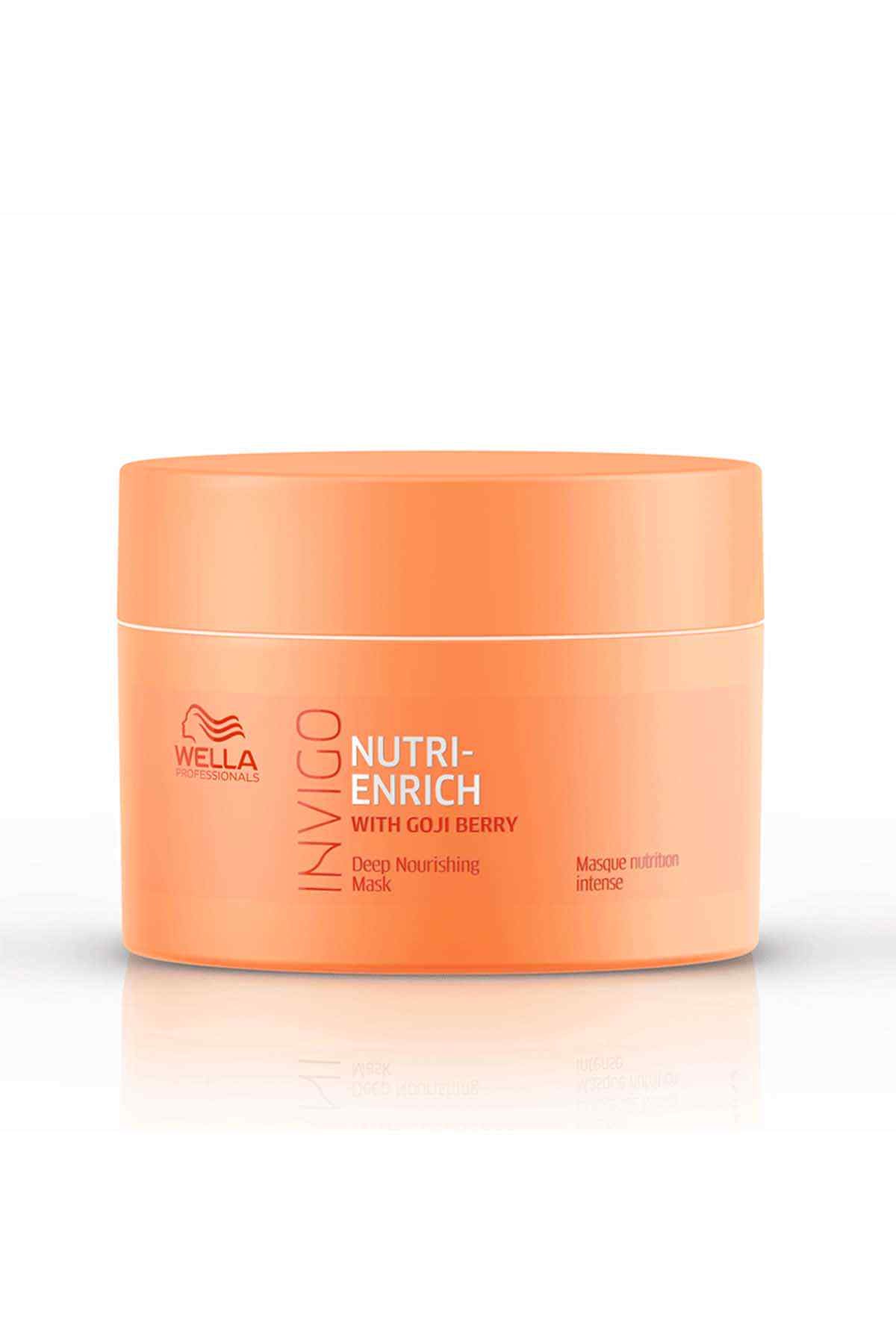 Orange hair mask jar labeled Nutri-Enrich with goji berry, deep nourishing