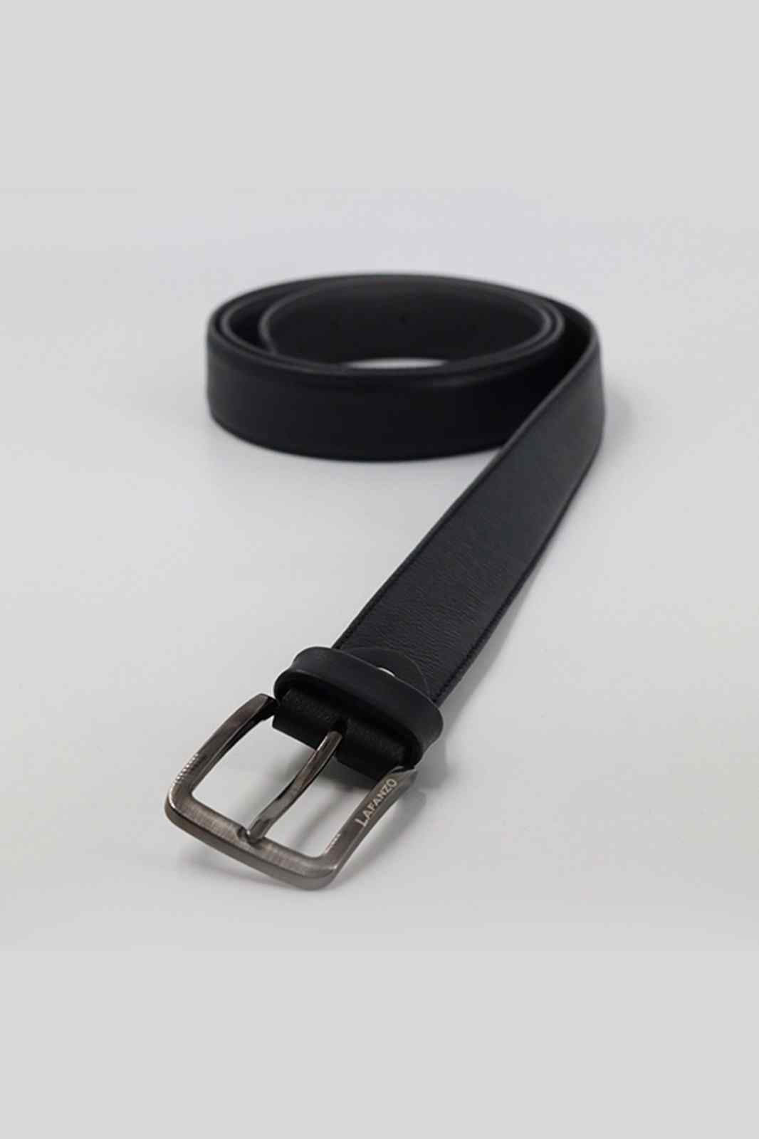 Black leather belt with silver buckle and stitched edge, curved end