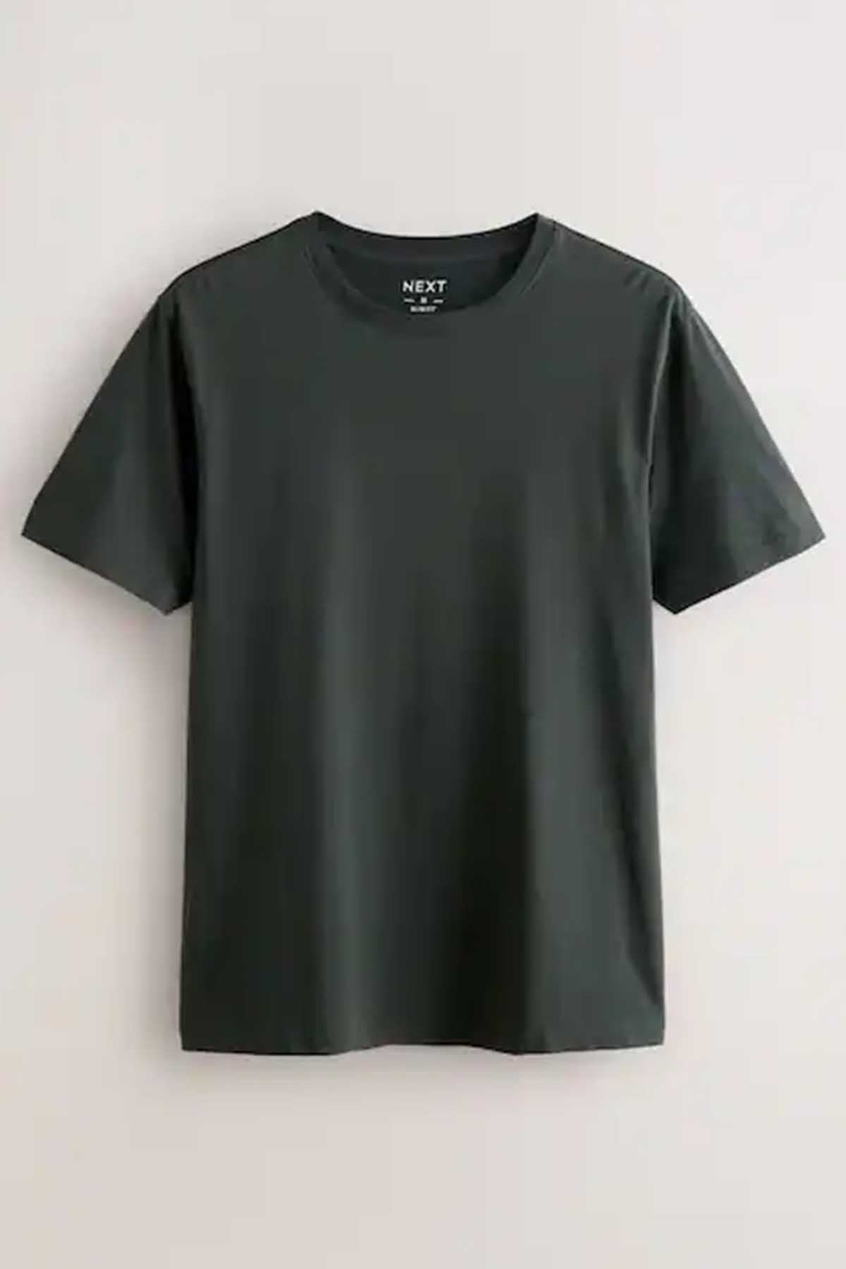 Olive green crewneck short-sleeve T-shirt, front view, tag at collar