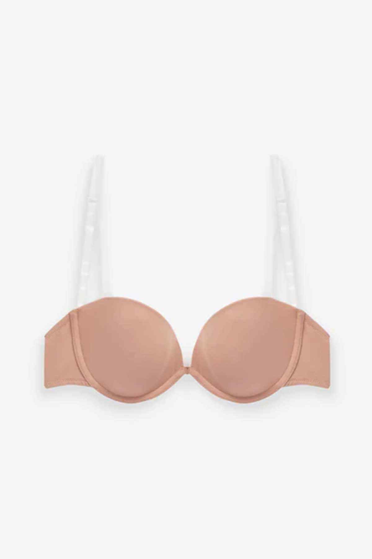 Nude pink molded underwire bra cups with adjustable straps, front view