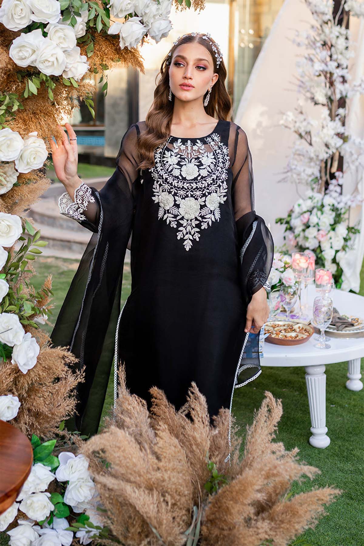 Black embroidered maxi dress with sheer sleeves and long sheer dupatta