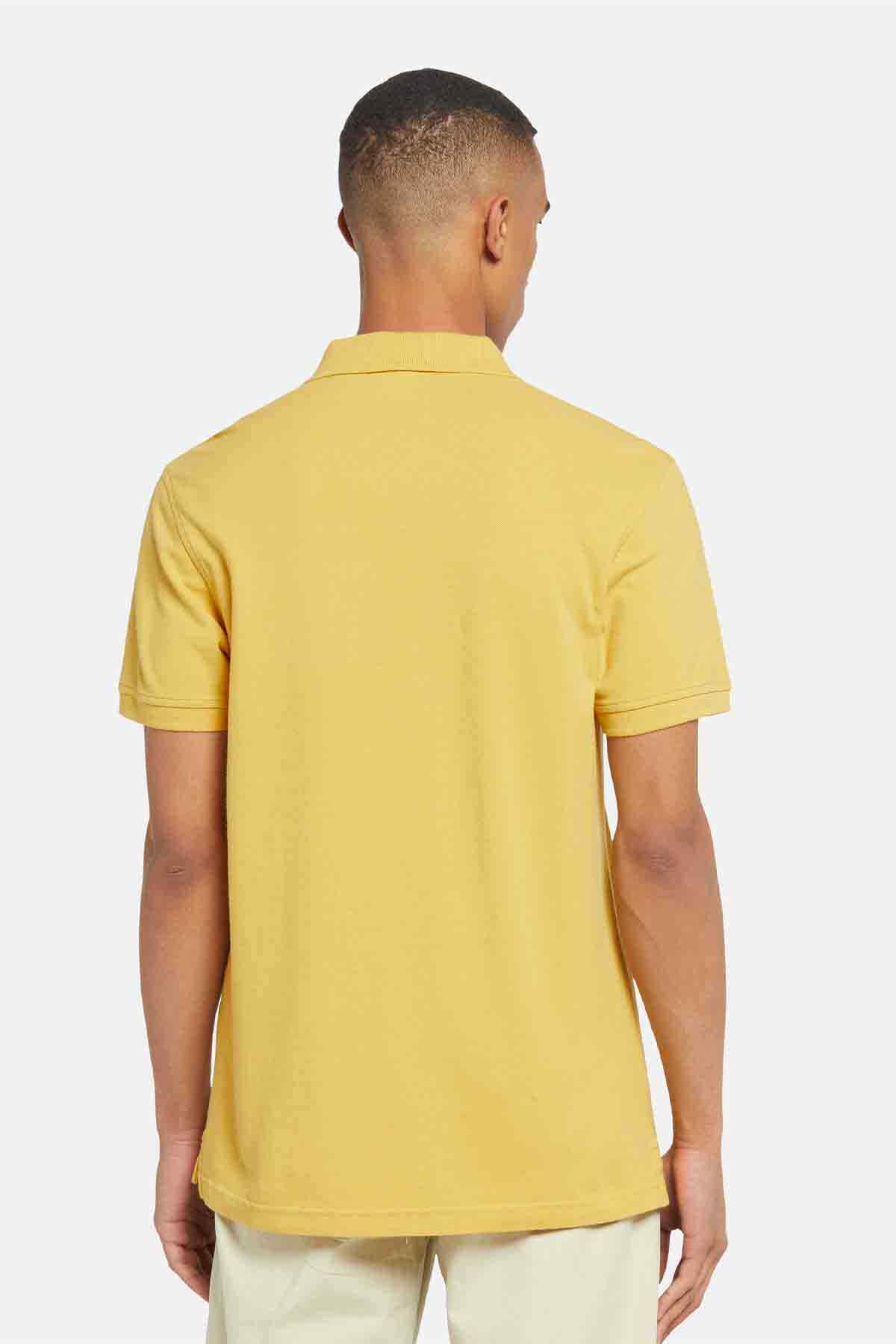 Yellow polo shirt with short sleeves and open collar; plain back